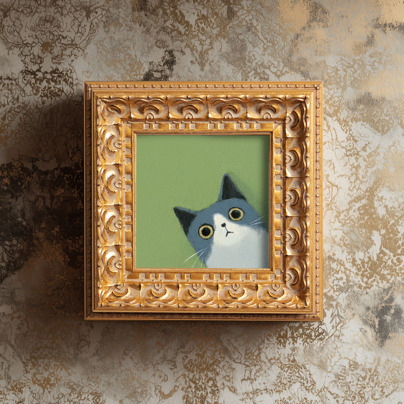 Blue and White Cat Painting, Cute Kitten Art, Flat Style Animal Portrait, Whimsical Cat Wall Decor, Small Framed Art