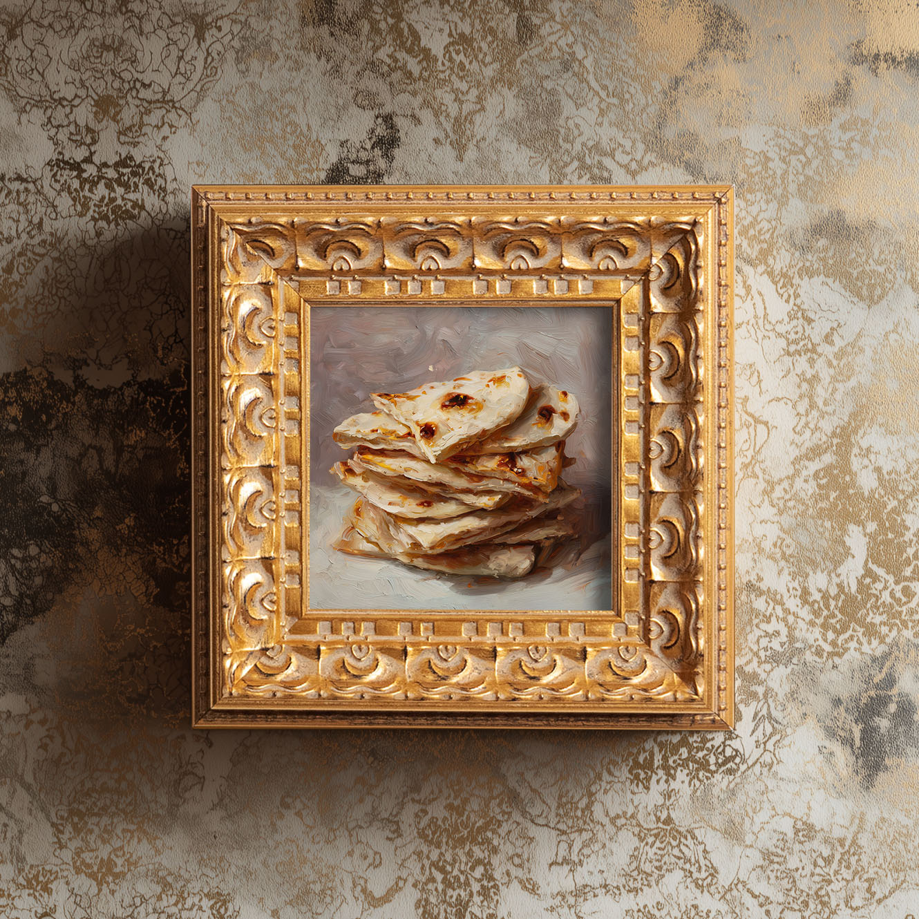 Original Indian Flatbread Oil Painting, Rustic Kitchen Wall Art, Hand Painted Ornate Gold Frame Home Decor, Cozy Dining Room Decoration, Gift For Friends