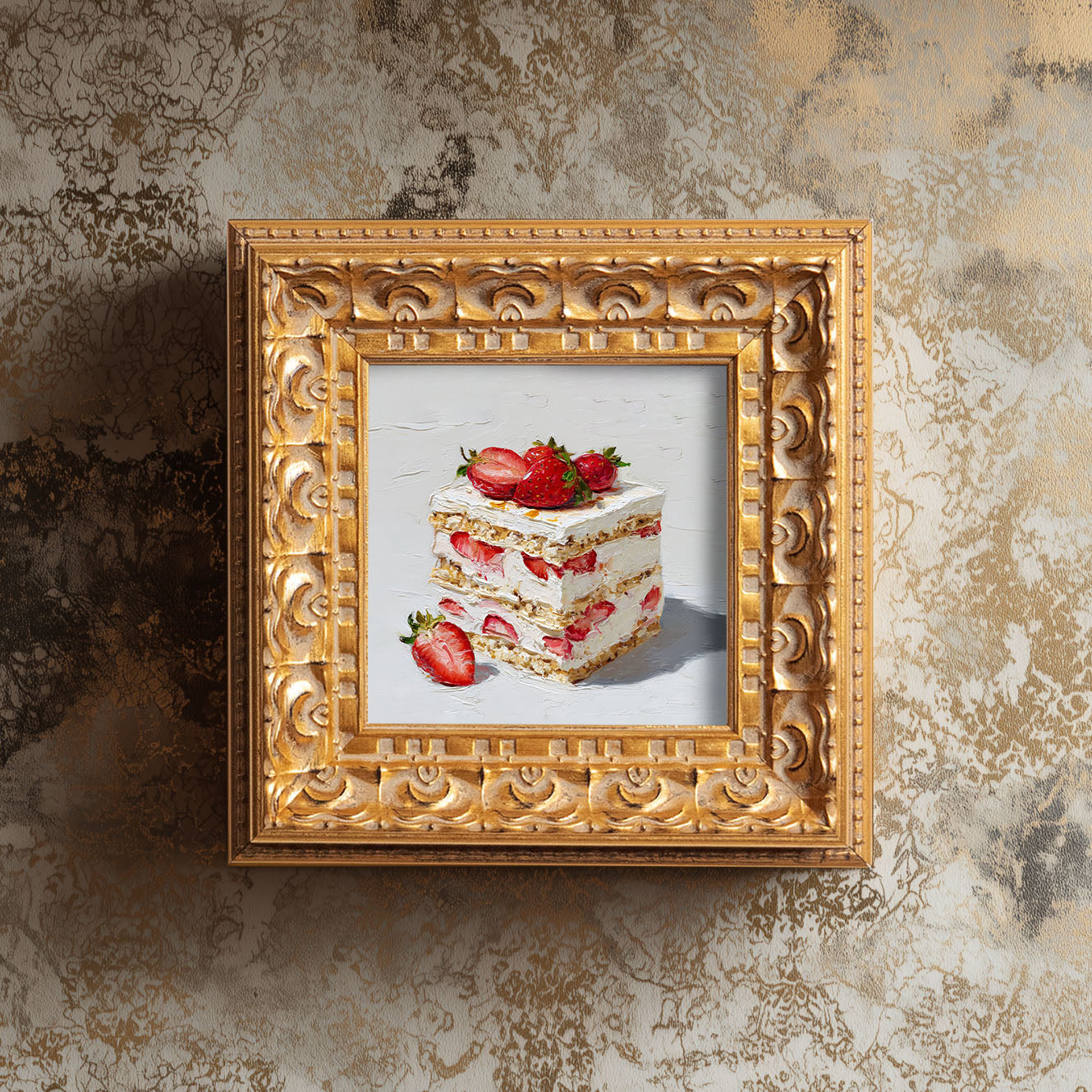 Original Strawberry Cake Oil Painting, Bright Kitchen Wall Art, Hand Painted Ornate Gold Frame Home Decor, Vibrant Dining Room Decoration, Gift For Friends