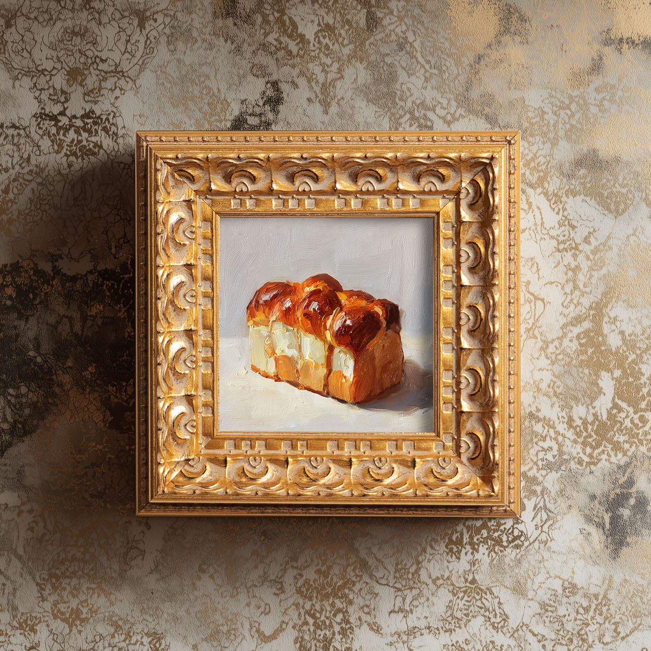 Original Brioche Bread Oil Painting, Rich Kitchen Wall Art, Hand Painted Ornate Gold Frame Home Decor, Warm Dining Room Decoration, Gift For Friends