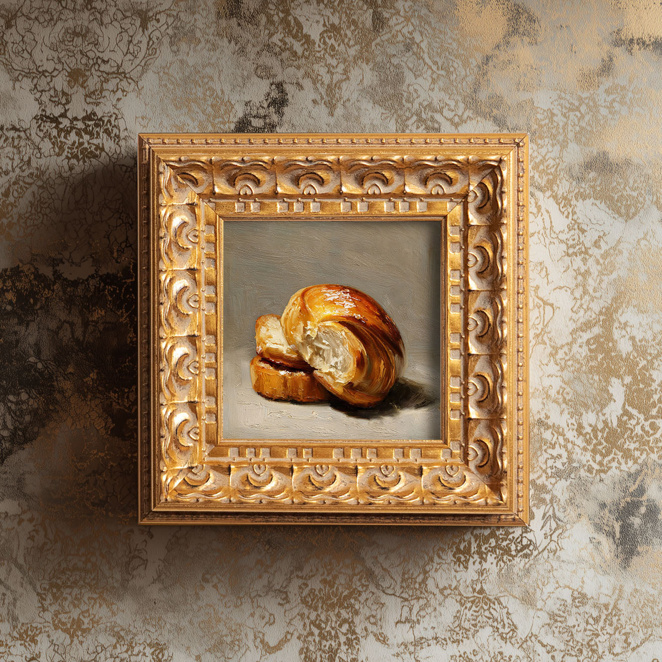Original Croissant Oil Painting, Elegant Kitchen Wall Art, Hand Painted Ornate Gold Frame Home Decor, Stylish Dining Room Decoration, Gift For Friends