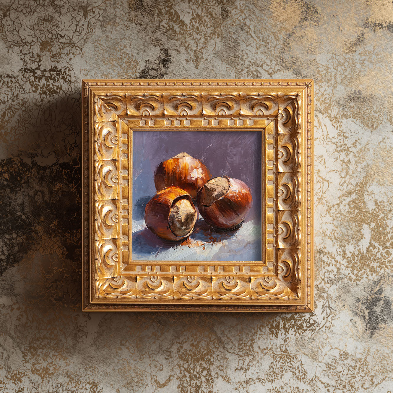 Roasted Chestnuts Still Life, Original Oil Painting, Food Art, Impasto Autumn Wall Decor, Small Framed Artwork