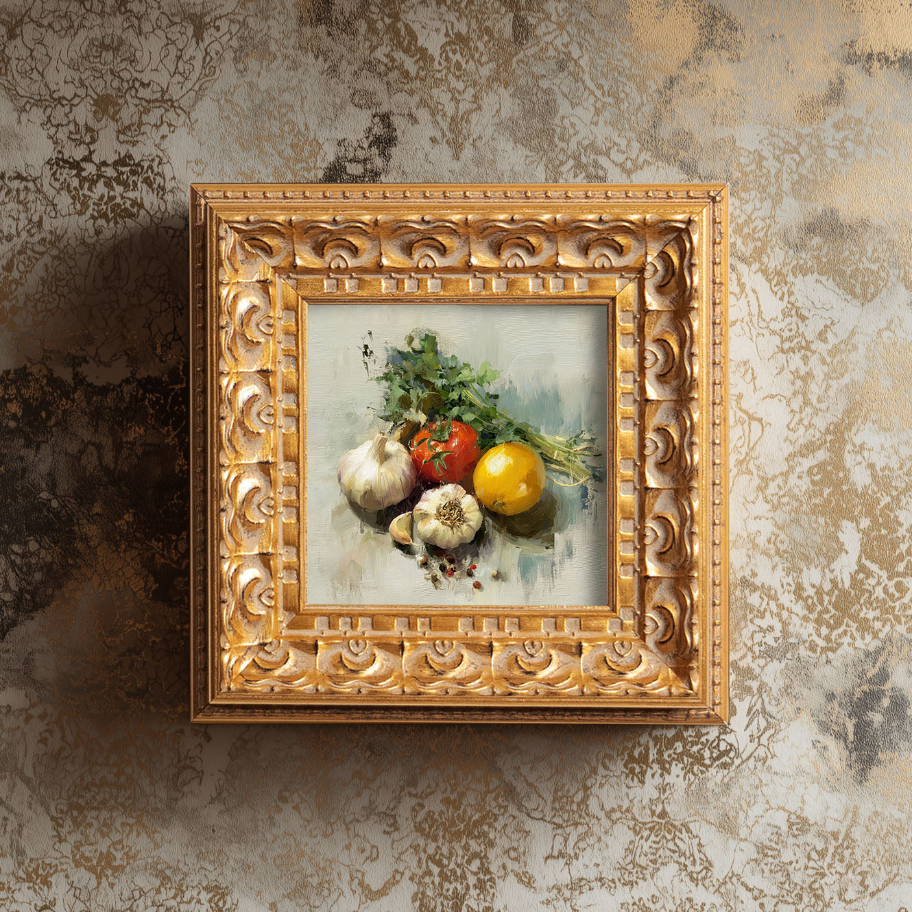 Original Vegetable Still Life Oil Painting, Rustic Kitchen Wall Art, Hand Painted Ornate Gold Frame Home Decor, Warm Dining Room Decoration, Gift For Friends