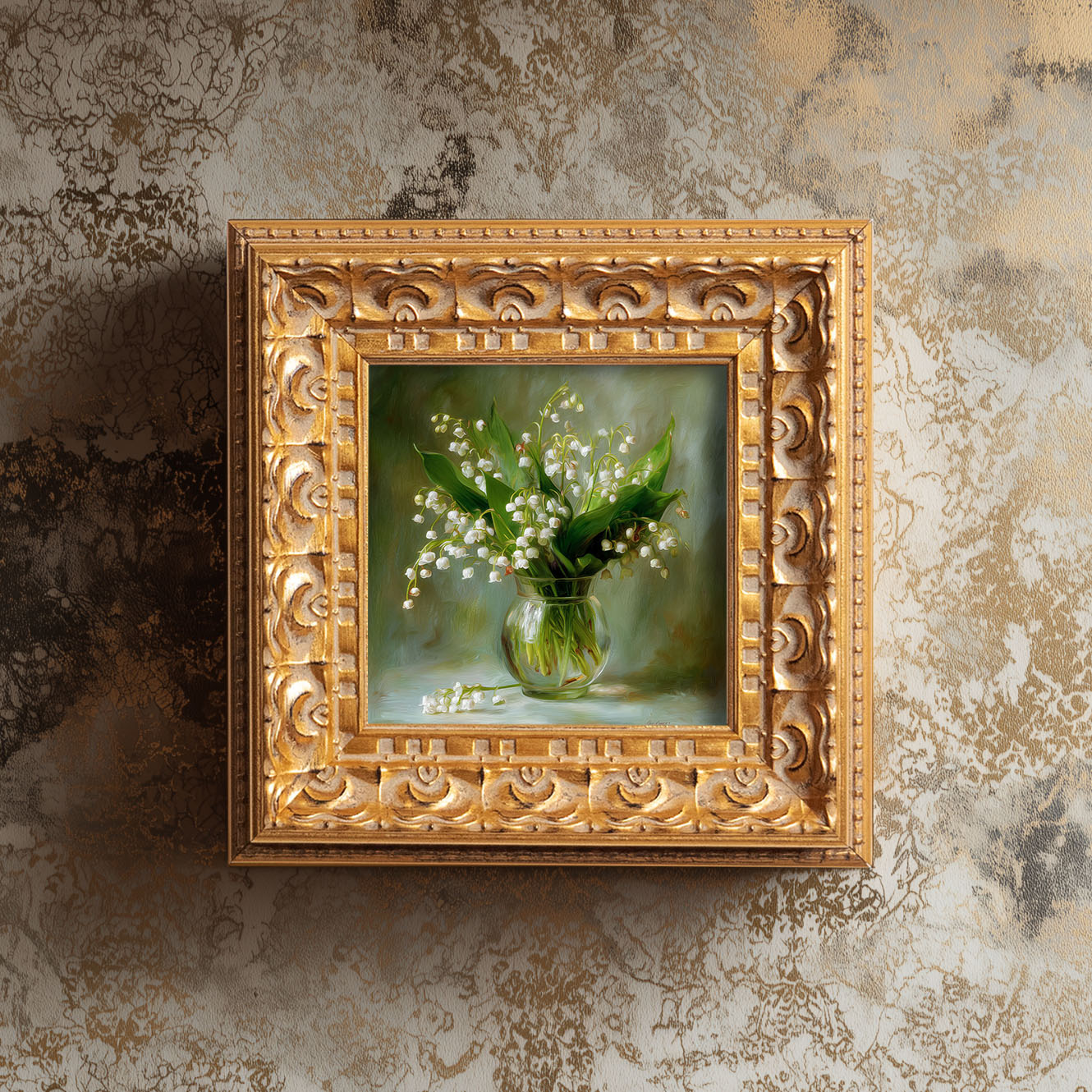 Original Lily Of The Valley Oil Painting, Delicate Floral Wall Art, Hand Painted Ornate Gold Frame Home Decor, Serene Bedroom Decoration, Gift For Friends