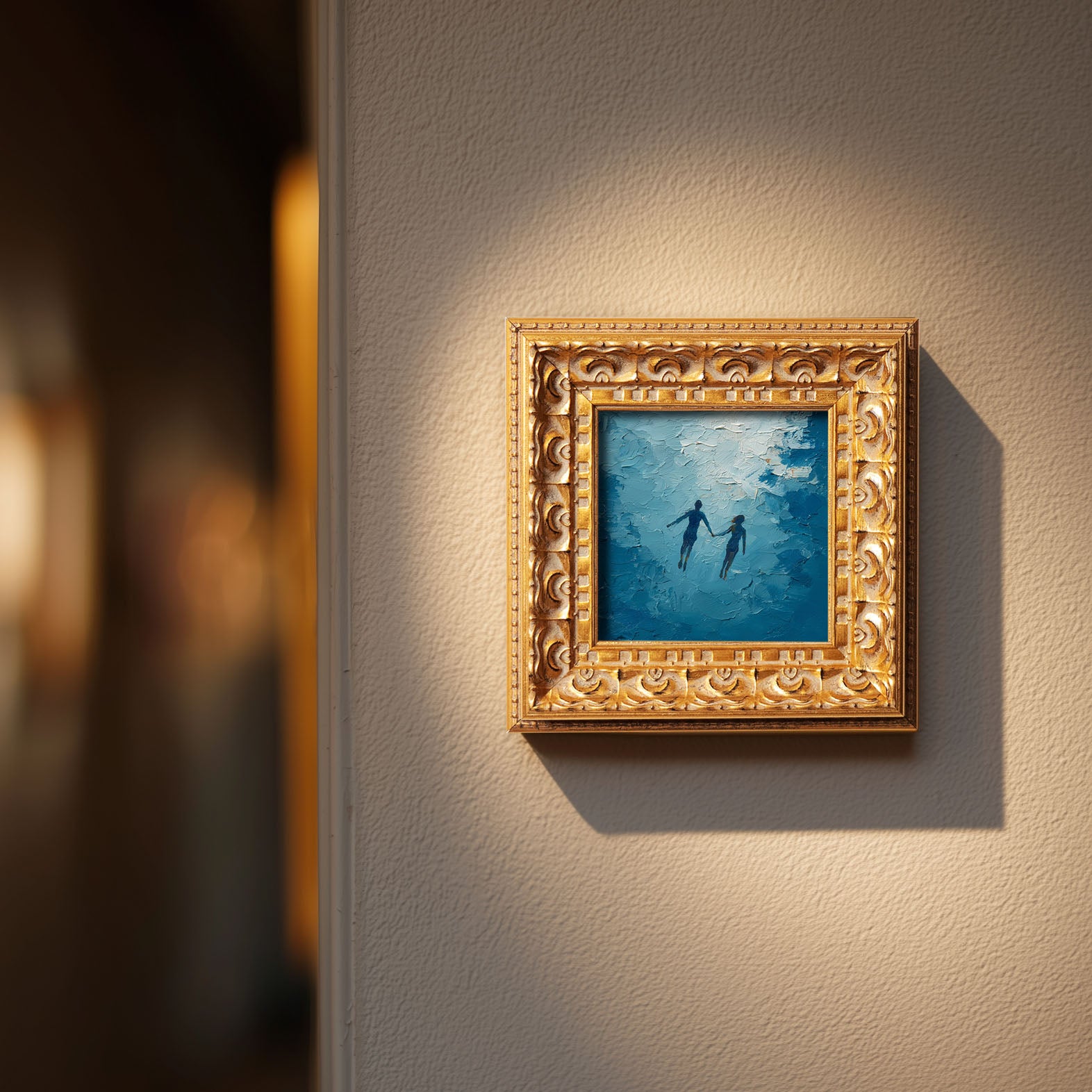 Original Hand Painted Figure, Mini Oil Painting, Romantic Couple Wall Art Decor, Small 5x5 Gold Framed, Valentine Gift, Swimming Couple