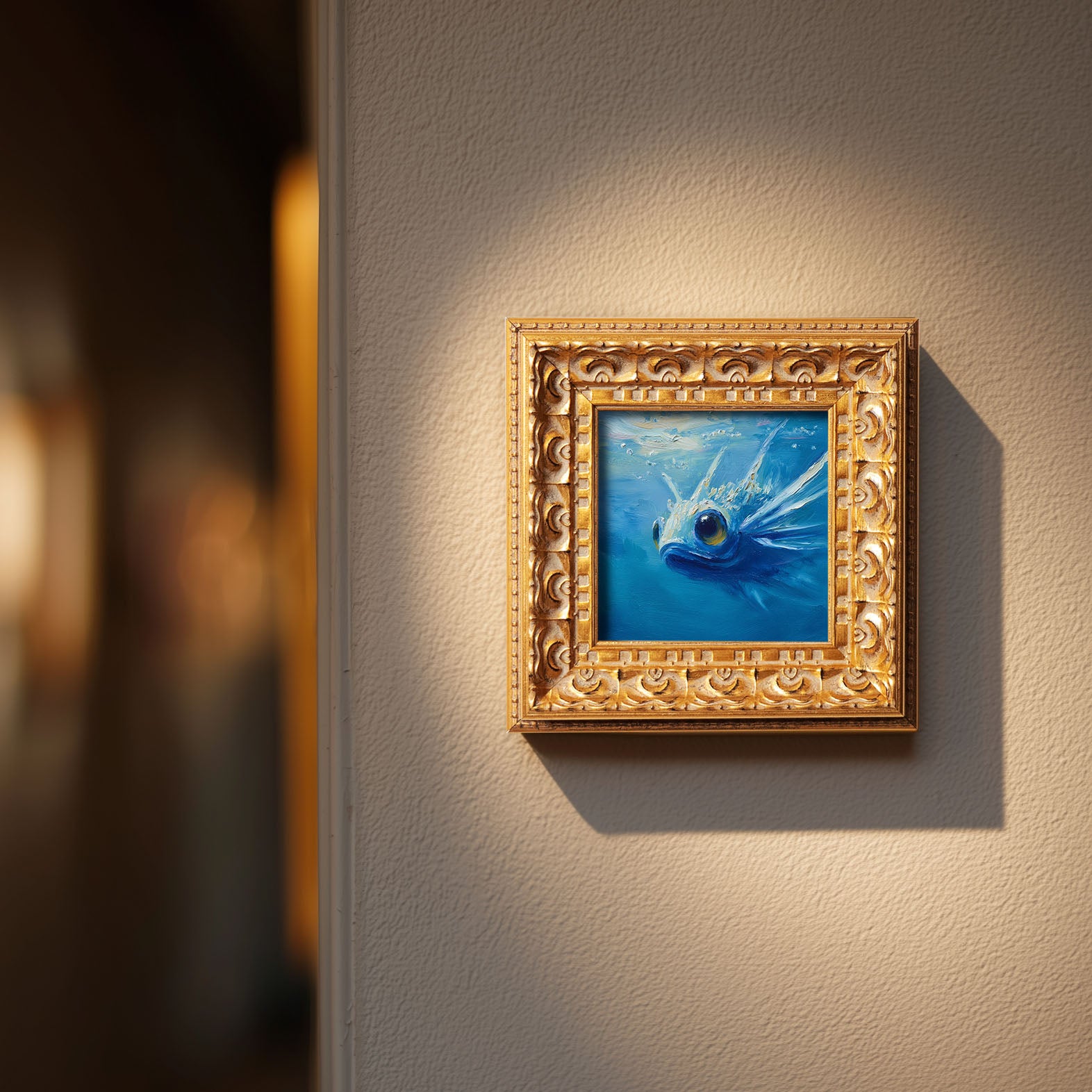 Original Blue Fish Oil Painting, Vibrant Underwater Wall Art, Hand Painted Ornate Gold Frame Home Decor, Stylish Living Room Decoration, Gift For Friends