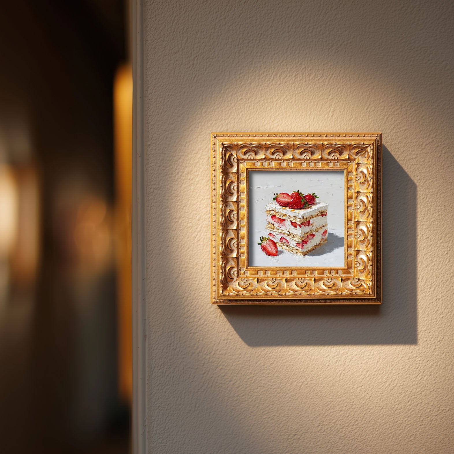 Original Strawberry Cake Oil Painting, Bright Kitchen Wall Art, Hand Painted Ornate Gold Frame Home Decor, Vibrant Dining Room Decoration, Gift For Friends