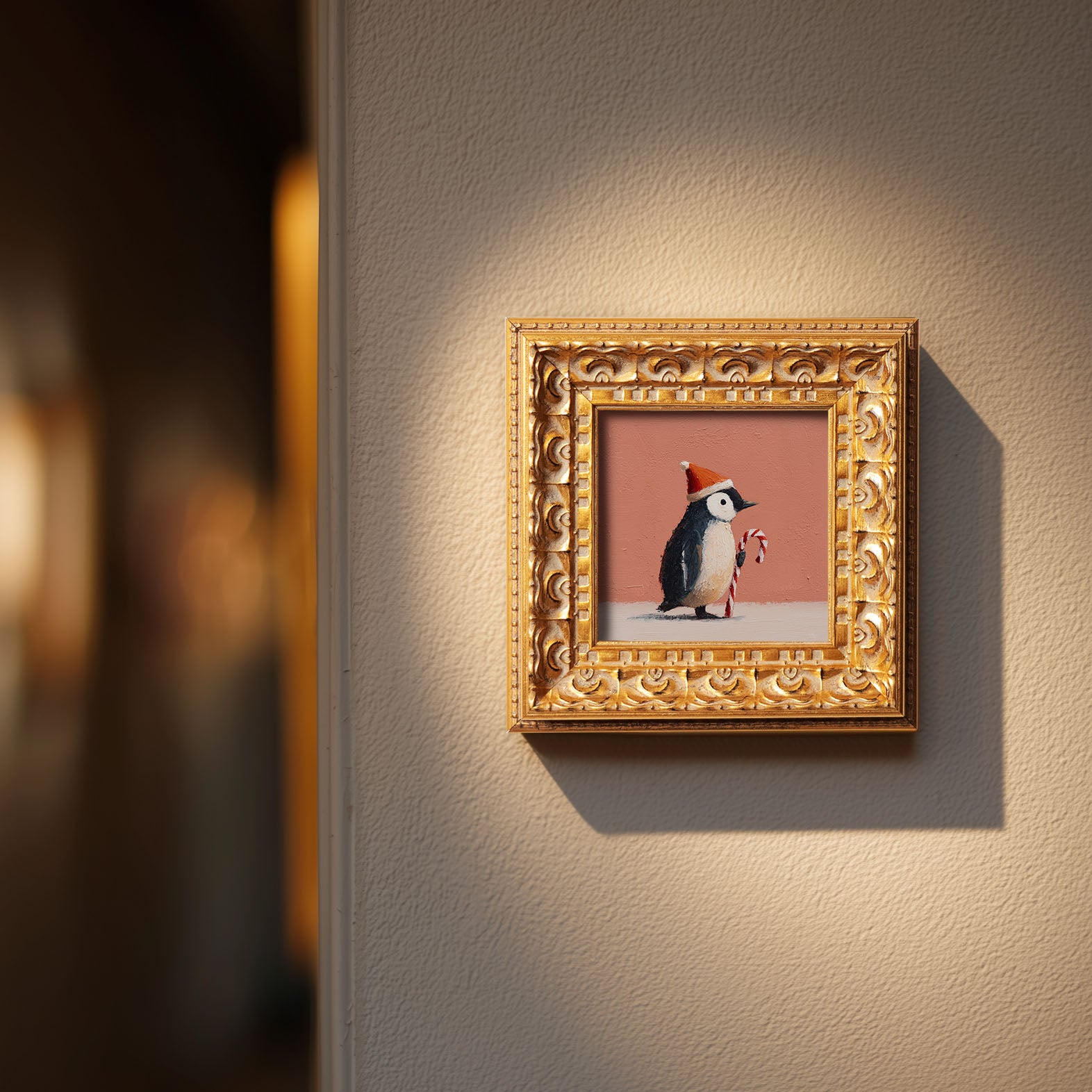 Christmas Penguin Mini Painting, Original Oil Art, Holiday Decor, Cute Penguin with Candy Cane, Small Framed Christmas Art