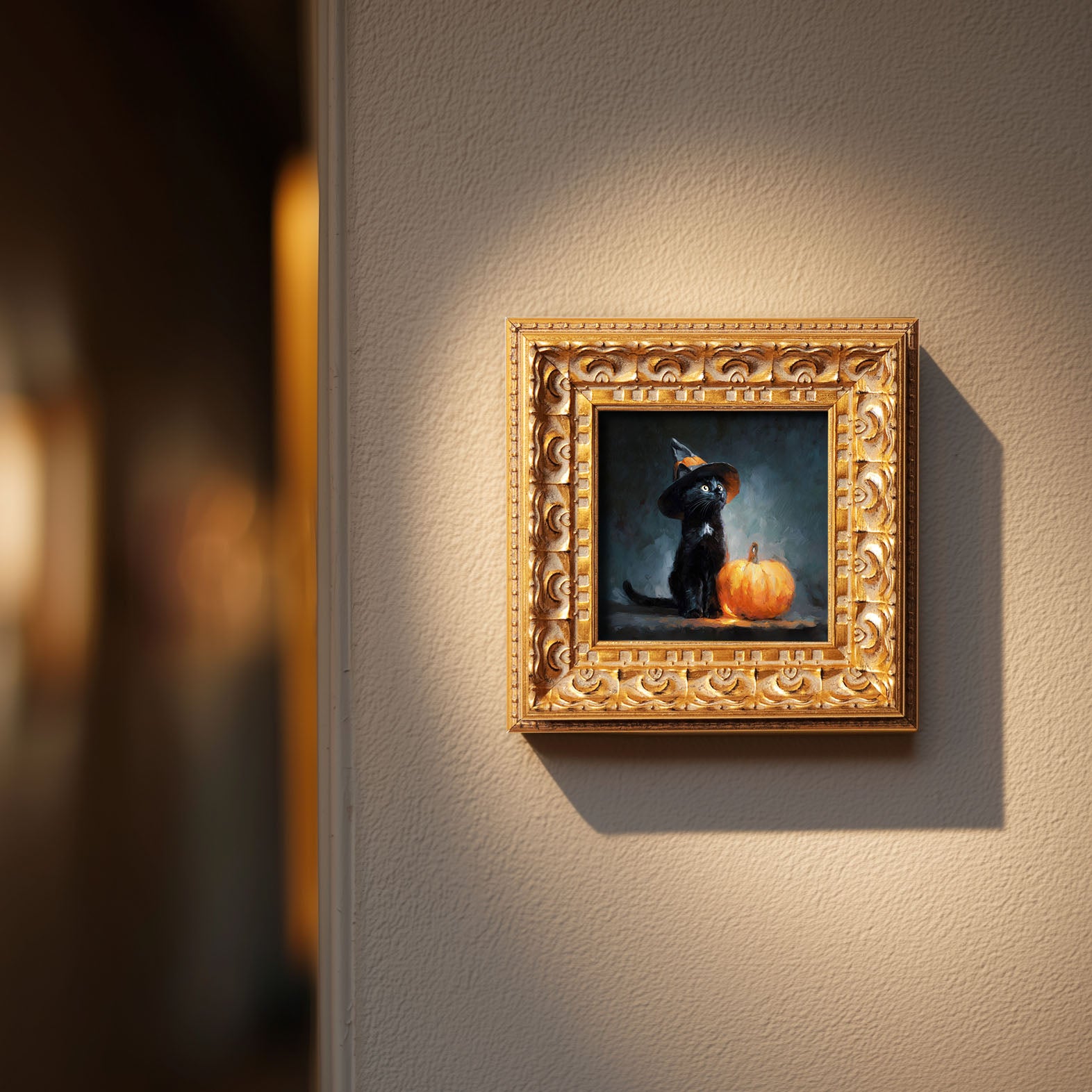 Original Halloween Black Cat Oil Painting, Spooky Seasonal Wall Art, Hand Painted Ornate Gold Frame Home Decor, Festive Living Room Decoration, Gift For Friends