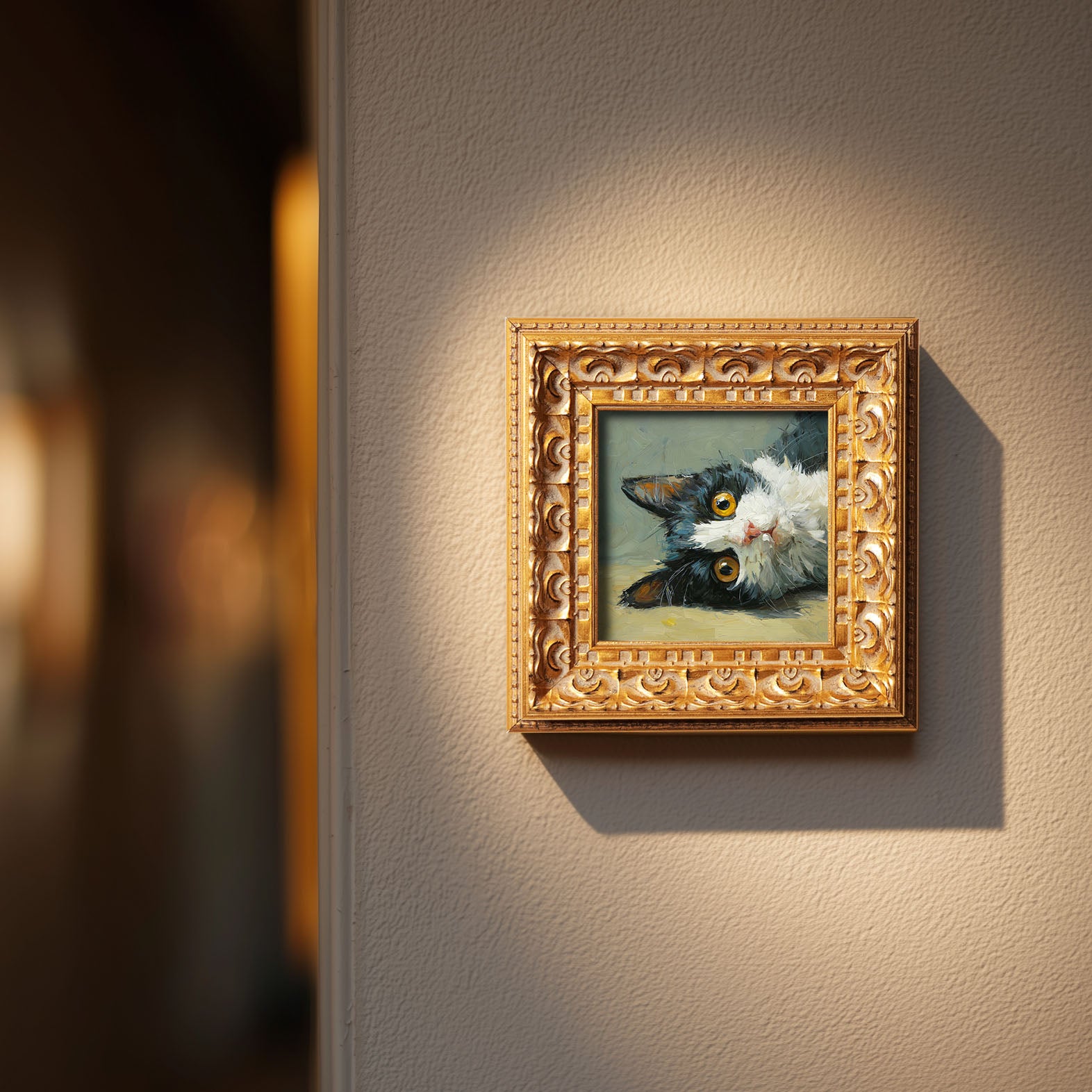 Black and White Cat Portrait, Original Oil Painting, Cute Kitten Art, Pet Portrait, Impasto Animal Wall Decor, Small Framed Art