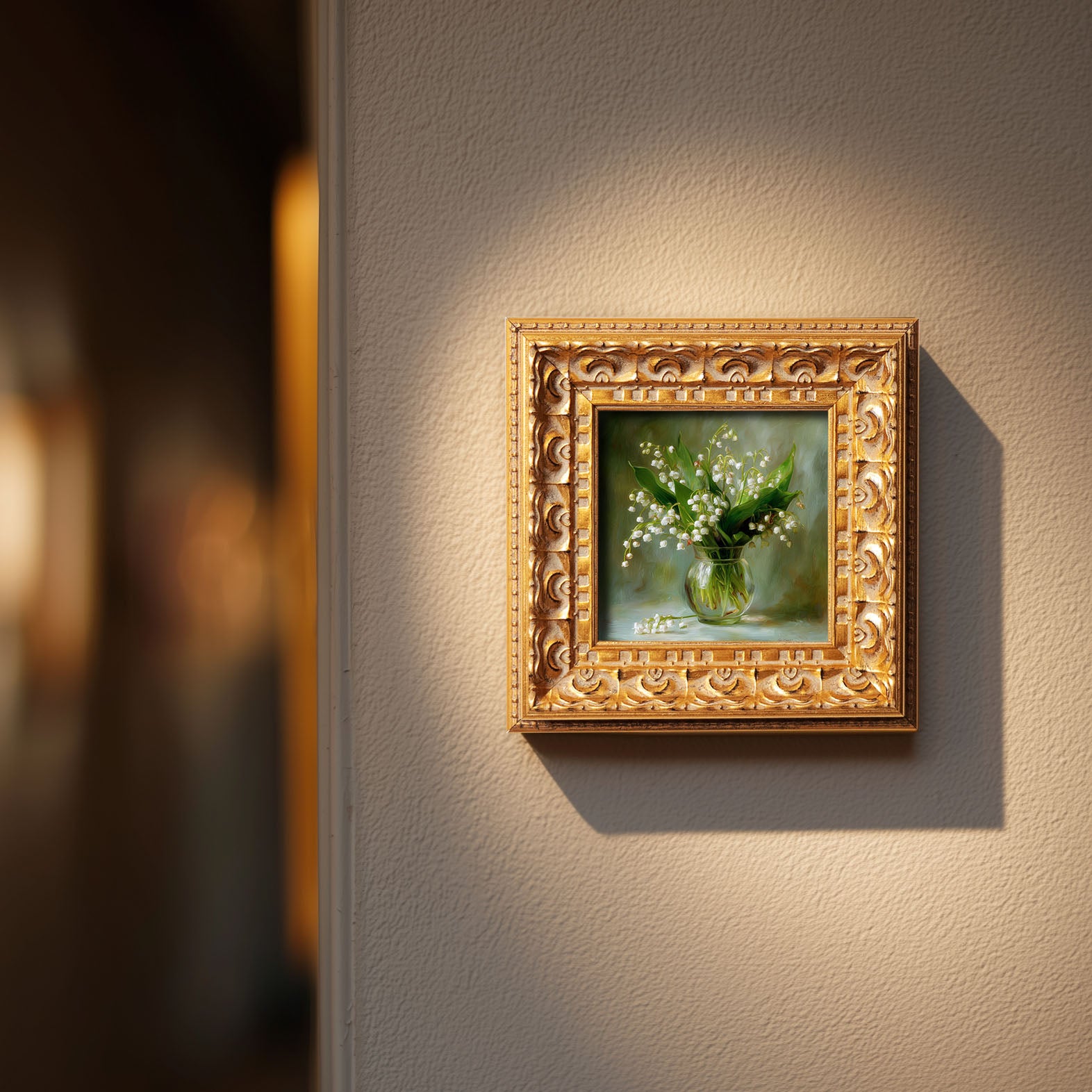 Original Lily Of The Valley Oil Painting, Delicate Floral Wall Art, Hand Painted Ornate Gold Frame Home Decor, Serene Bedroom Decoration, Gift For Friends