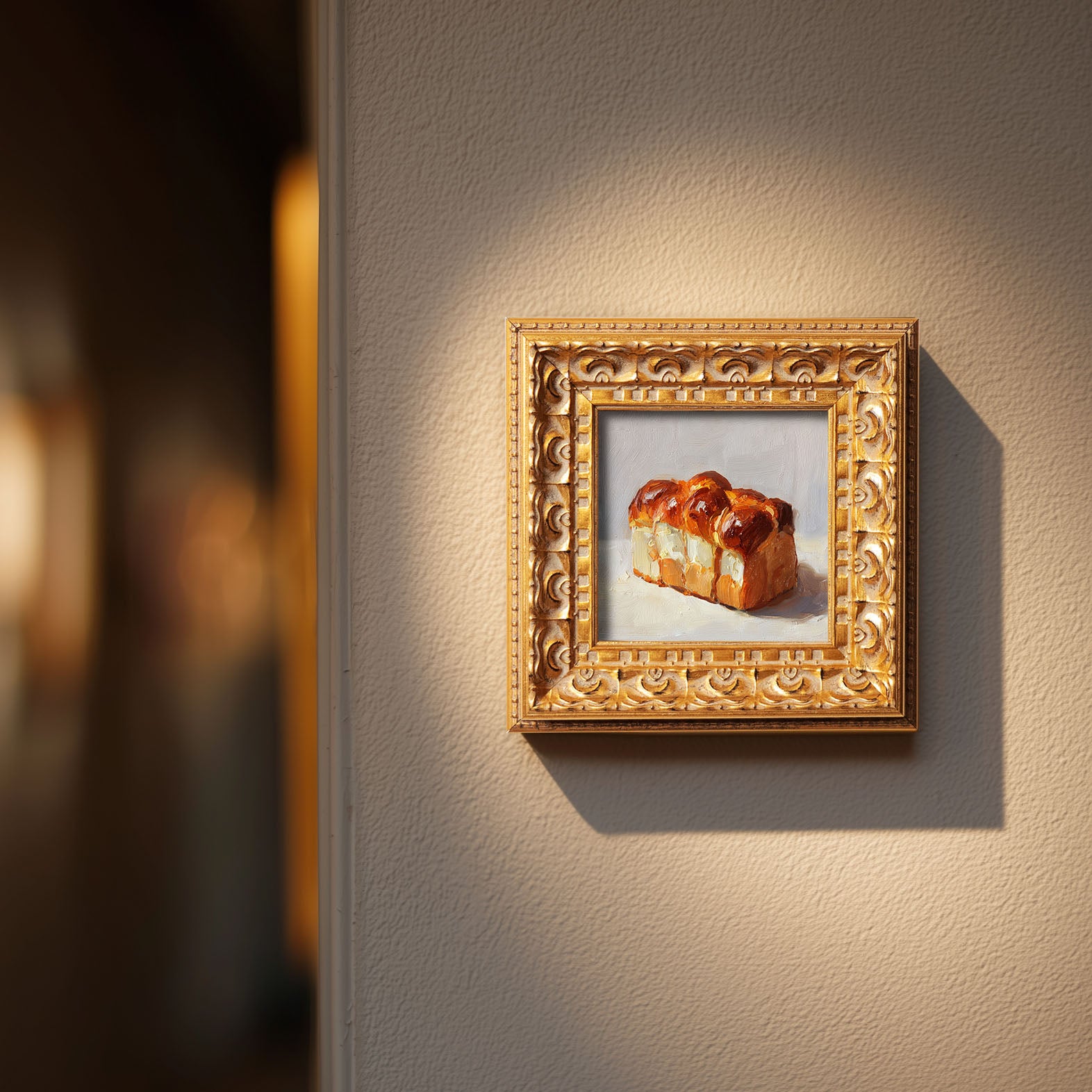 Original Brioche Bread Oil Painting, Rich Kitchen Wall Art, Hand Painted Ornate Gold Frame Home Decor, Warm Dining Room Decoration, Gift For Friends