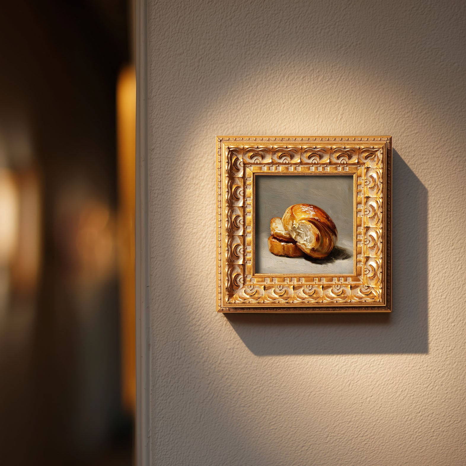 Original Croissant Oil Painting, Elegant Kitchen Wall Art, Hand Painted Ornate Gold Frame Home Decor, Stylish Dining Room Decoration, Gift For Friends