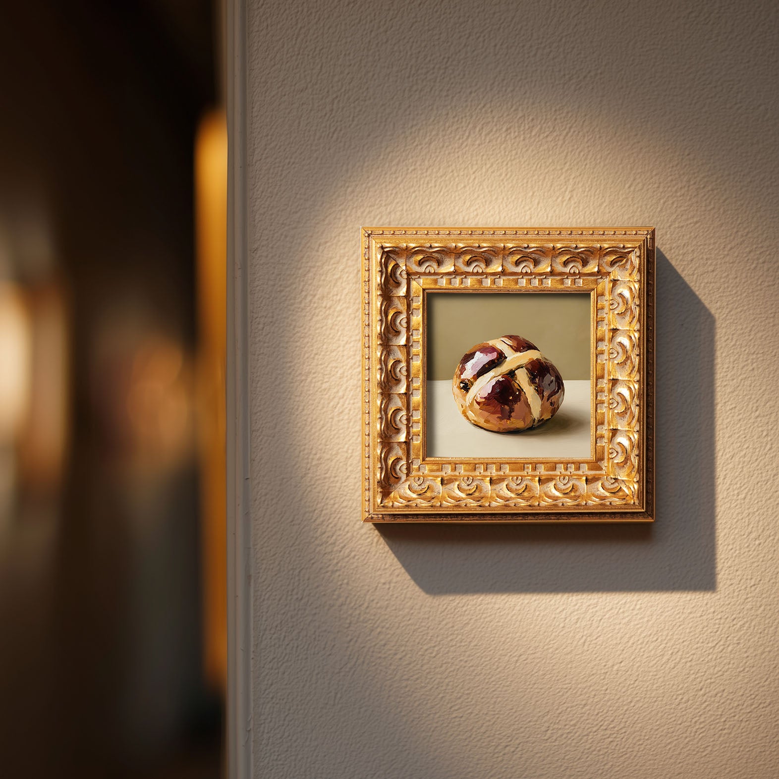 Original Hot Cross Bun Oil Painting, Rustic Kitchen Wall Art, Hand Painted Ornate Gold Frame Home Decor, Warm Dining Room Decoration, Gift For Friends