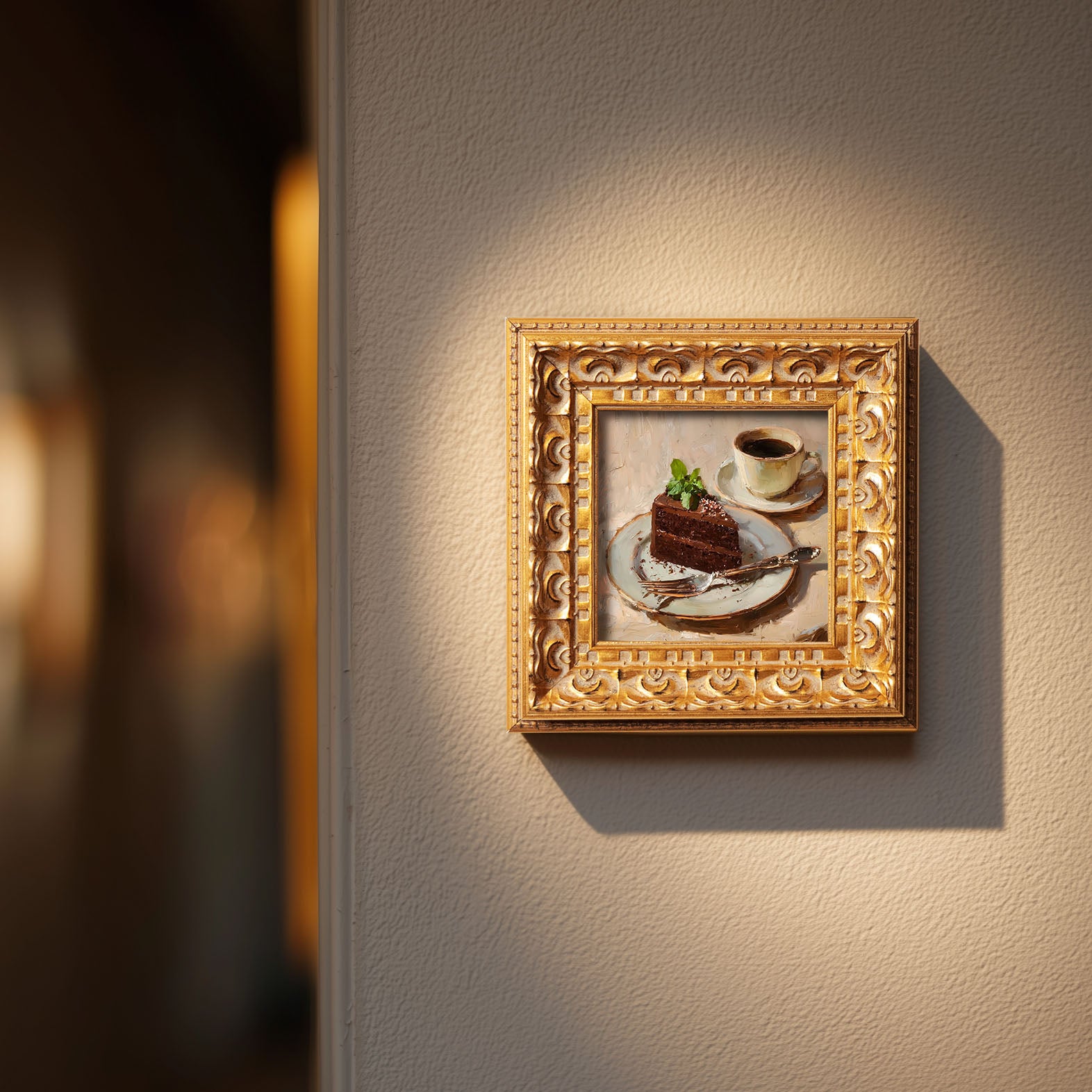 Original Chocolate Cake With Coffee Oil Painting, Rich Kitchen Wall Art, Hand Painted Ornate Gold Frame Home Decor, Stylish Dining Room Decoration, Gift For Friends