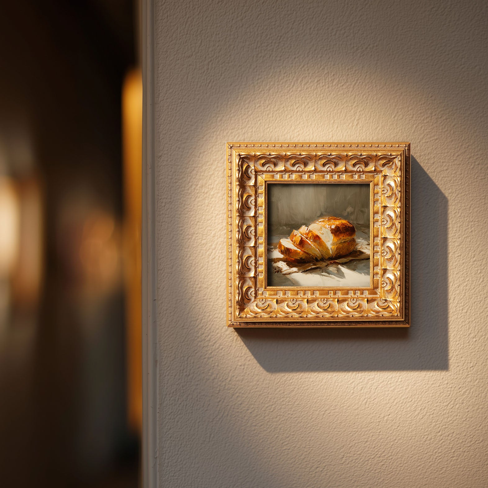 Loaf of Bread Still Life, Original Oil Painting, Food Art, Impasto Kitchen Wall Decor, Small Framed Artwork