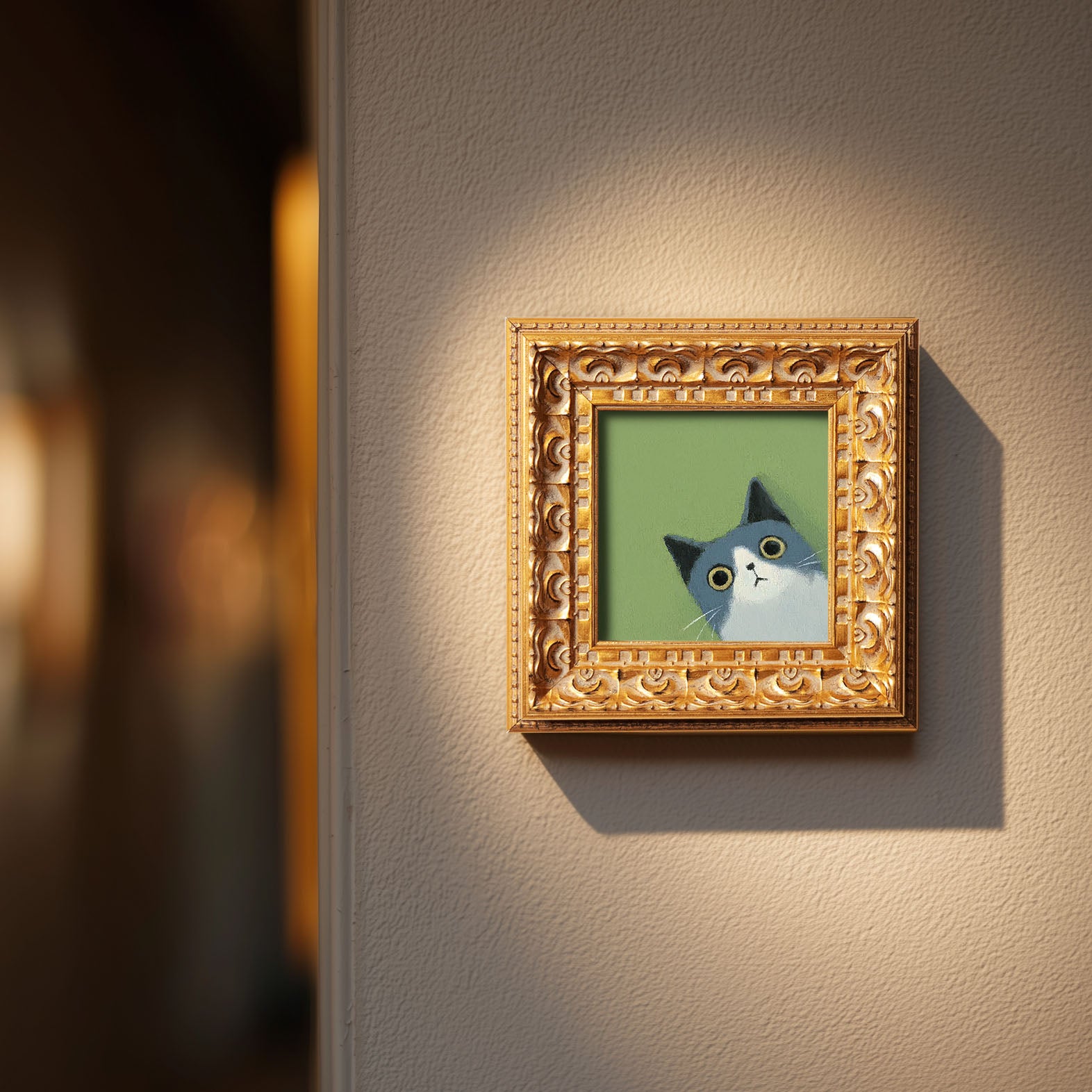 Blue and White Cat Painting, Cute Kitten Art, Flat Style Animal Portrait, Whimsical Cat Wall Decor, Small Framed Art