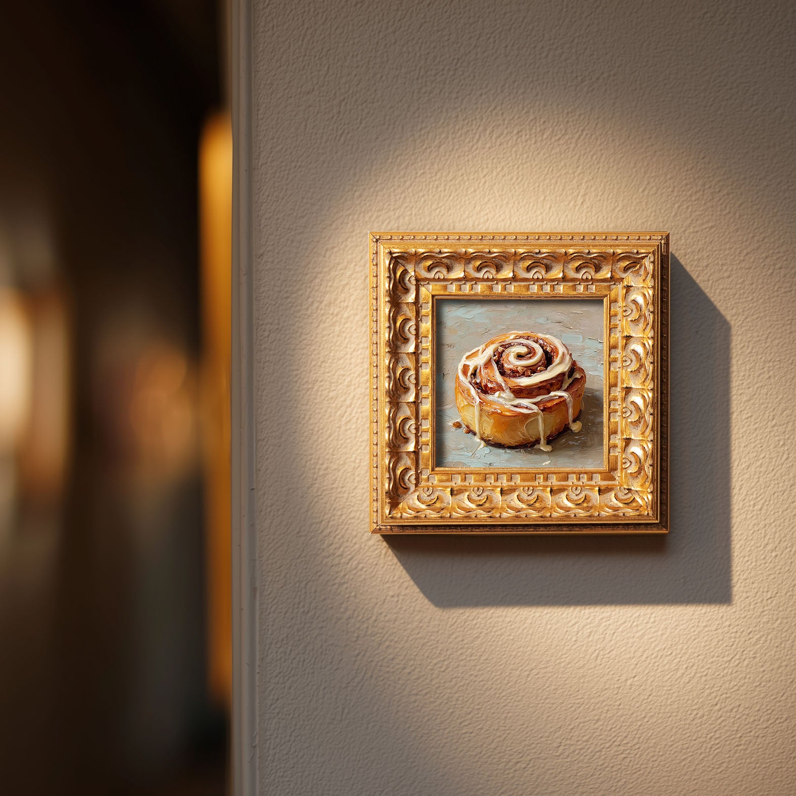 Original Cinnamon Roll Oil Painting, Warm Kitchen Wall Art, Hand Painted Ornate Gold Frame Home Decor, Charming Dining Room Decoration, Gift For Friends