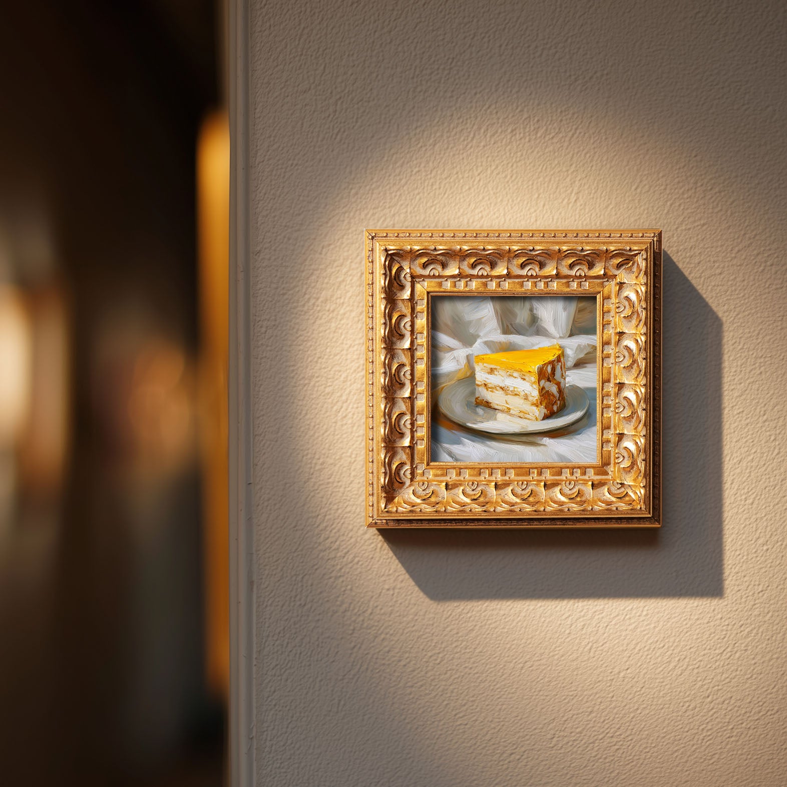 Original Mango Mousse Cake Oil Painting, Bright Kitchen Wall Art, Hand Painted Ornate Gold Frame Home Decor, Vibrant Dining Room Decoration, Gift For Friends