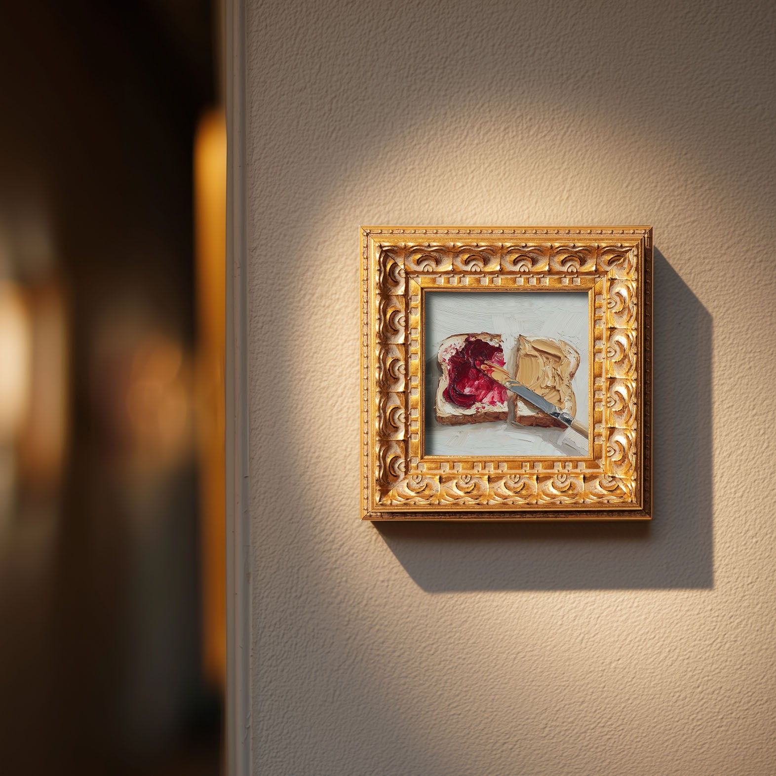 Original Peanut Butter & Jam Toast Oil Painting, Cozy Kitchen Wall Art, Hand Painted Ornate Gold Frame Home Decor, Charming Dining Room Decoration, Gift For Friends