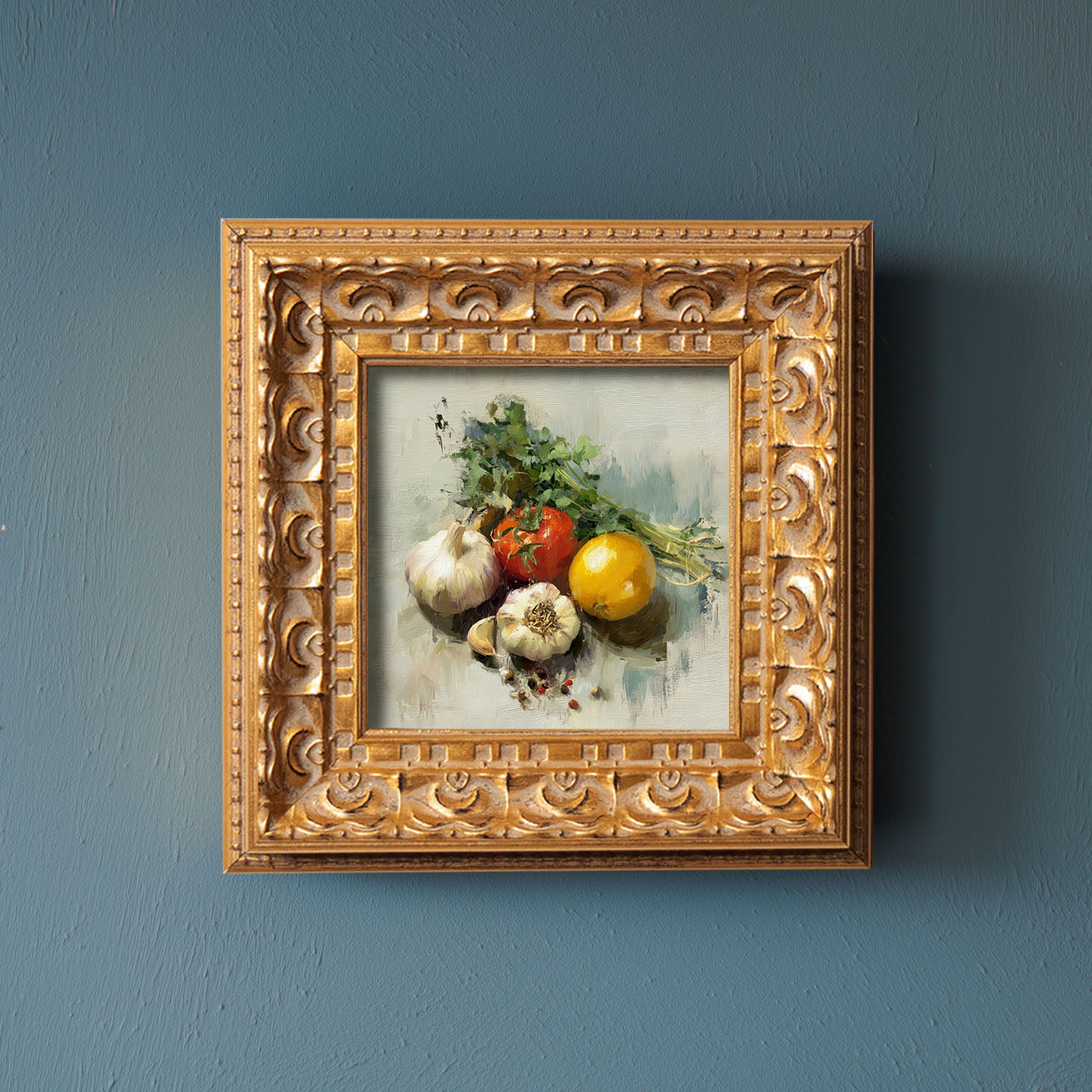 Original Vegetable Still Life Oil Painting, Rustic Kitchen Wall Art, Hand Painted Ornate Gold Frame Home Decor, Warm Dining Room Decoration, Gift For Friends