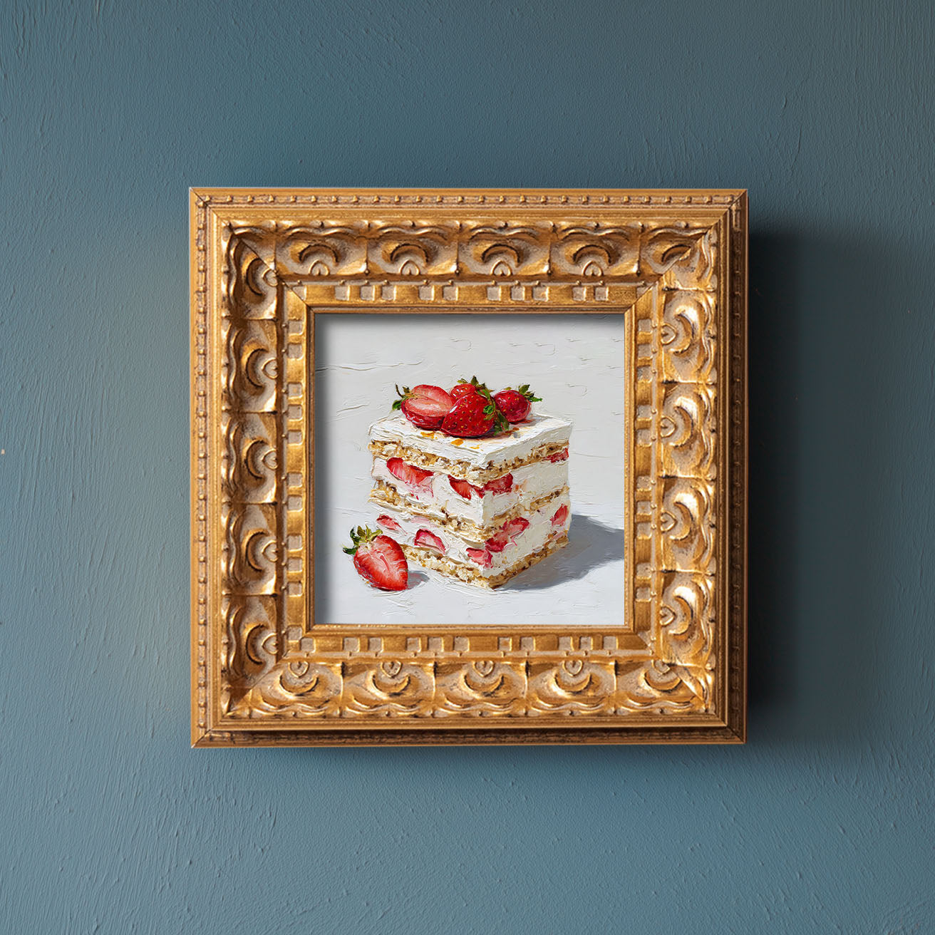Original Strawberry Cake Oil Painting, Bright Kitchen Wall Art, Hand Painted Ornate Gold Frame Home Decor, Vibrant Dining Room Decoration, Gift For Friends