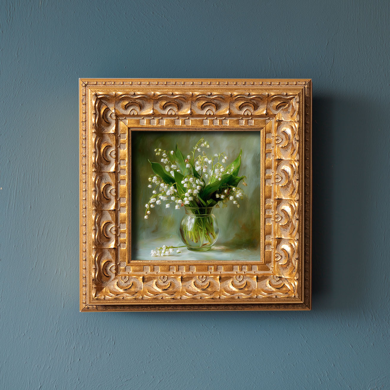 Original Lily Of The Valley Oil Painting, Delicate Floral Wall Art, Hand Painted Ornate Gold Frame Home Decor, Serene Bedroom Decoration, Gift For Friends