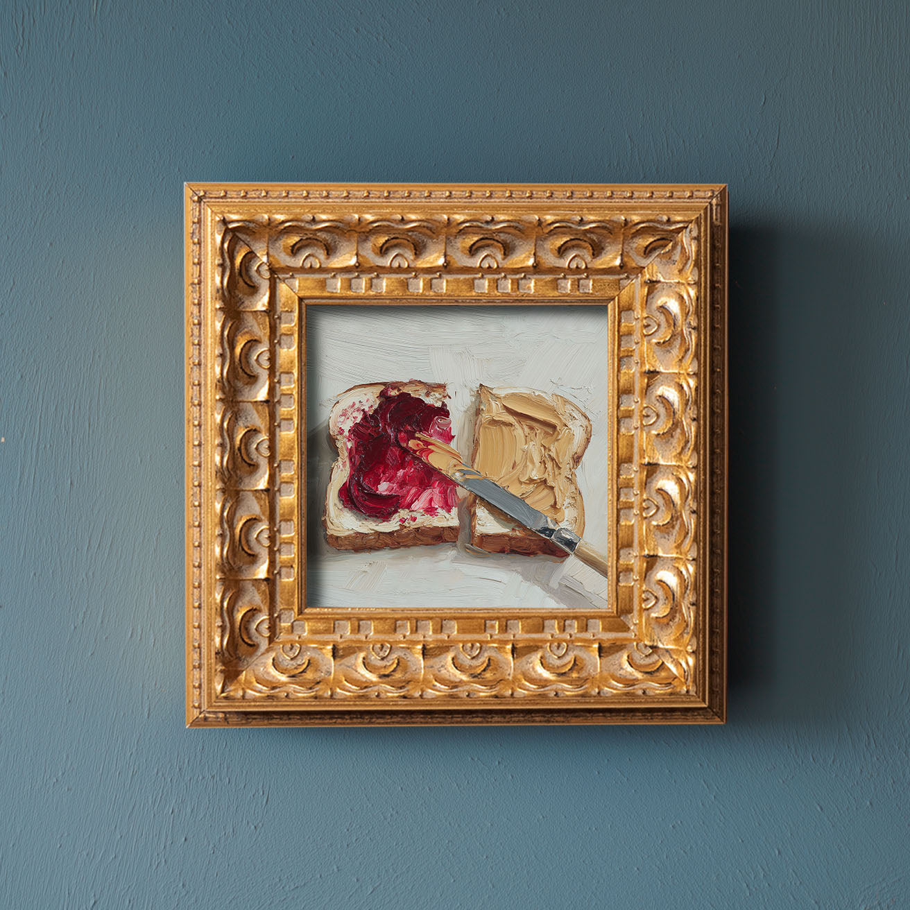 Original Peanut Butter & Jam Toast Oil Painting, Cozy Kitchen Wall Art, Hand Painted Ornate Gold Frame Home Decor, Charming Dining Room Decoration, Gift For Friends