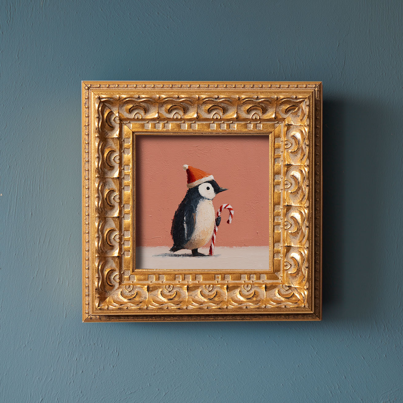 Christmas Penguin Mini Painting, Original Oil Art, Holiday Decor, Cute Penguin with Candy Cane, Small Framed Christmas Art