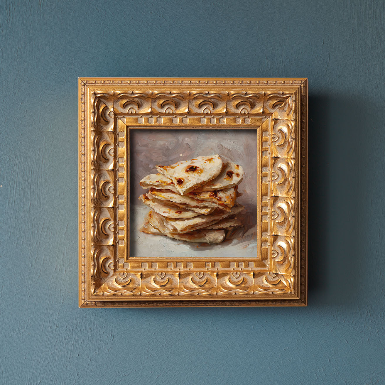 Original Indian Flatbread Oil Painting, Rustic Kitchen Wall Art, Hand Painted Ornate Gold Frame Home Decor, Cozy Dining Room Decoration, Gift For Friends