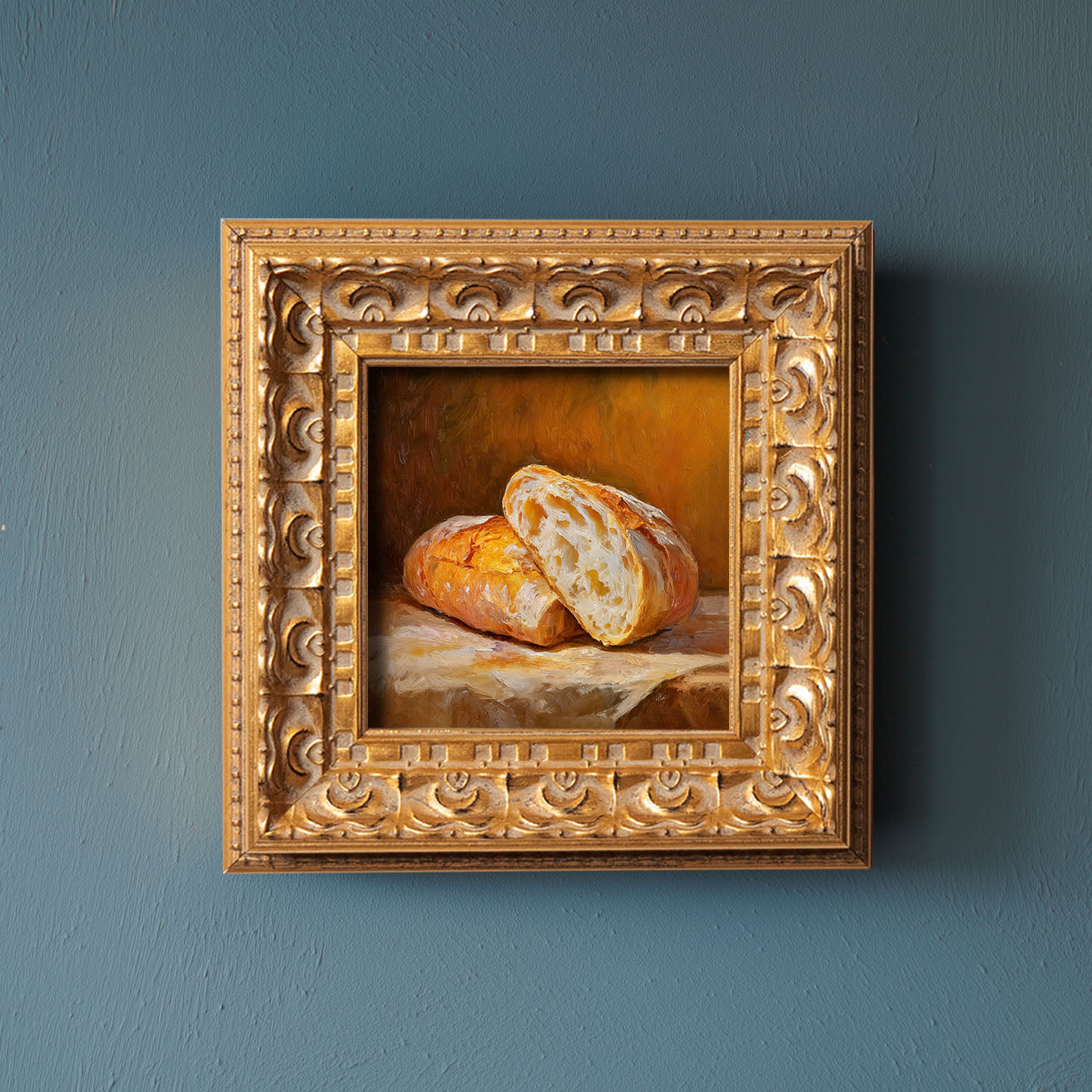 Original Baguette Oil Painting, Rustic Kitchen Wall Art, Hand Painted Ornate Gold Frame Home Decor, Warm Dining Room Decoration, Gift For Friends