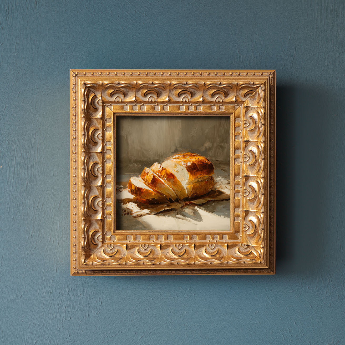 Loaf of Bread Still Life, Original Oil Painting, Food Art, Impasto Kitchen Wall Decor, Small Framed Artwork