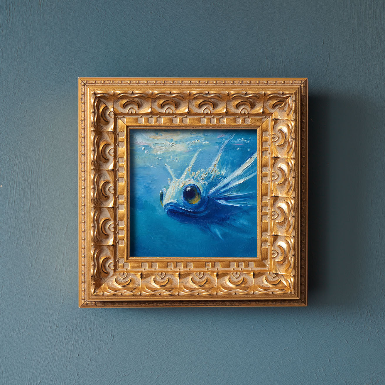 Original Blue Fish Oil Painting, Vibrant Underwater Wall Art, Hand Painted Ornate Gold Frame Home Decor, Stylish Living Room Decoration, Gift For Friends