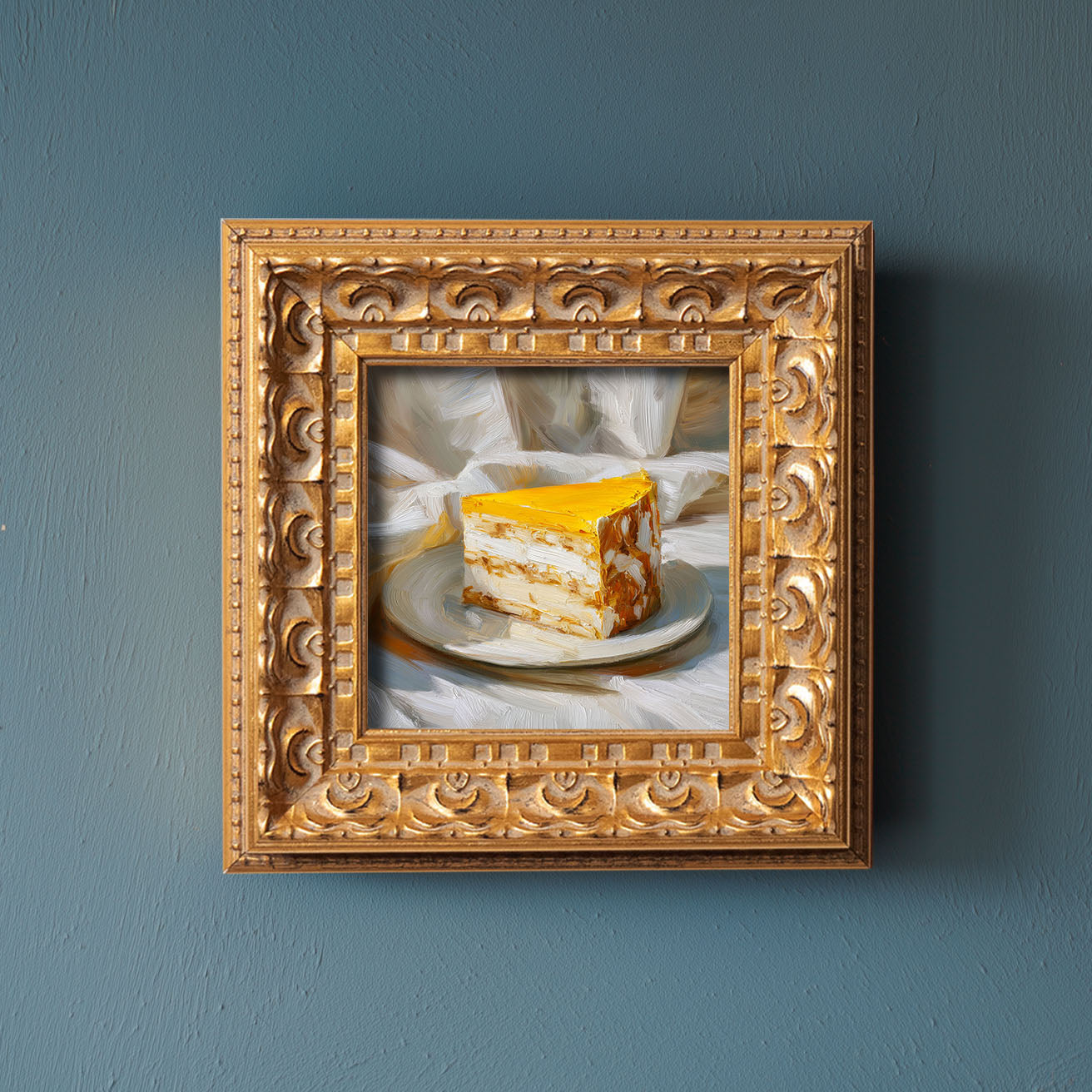 Original Mango Mousse Cake Oil Painting, Bright Kitchen Wall Art, Hand Painted Ornate Gold Frame Home Decor, Vibrant Dining Room Decoration, Gift For Friends