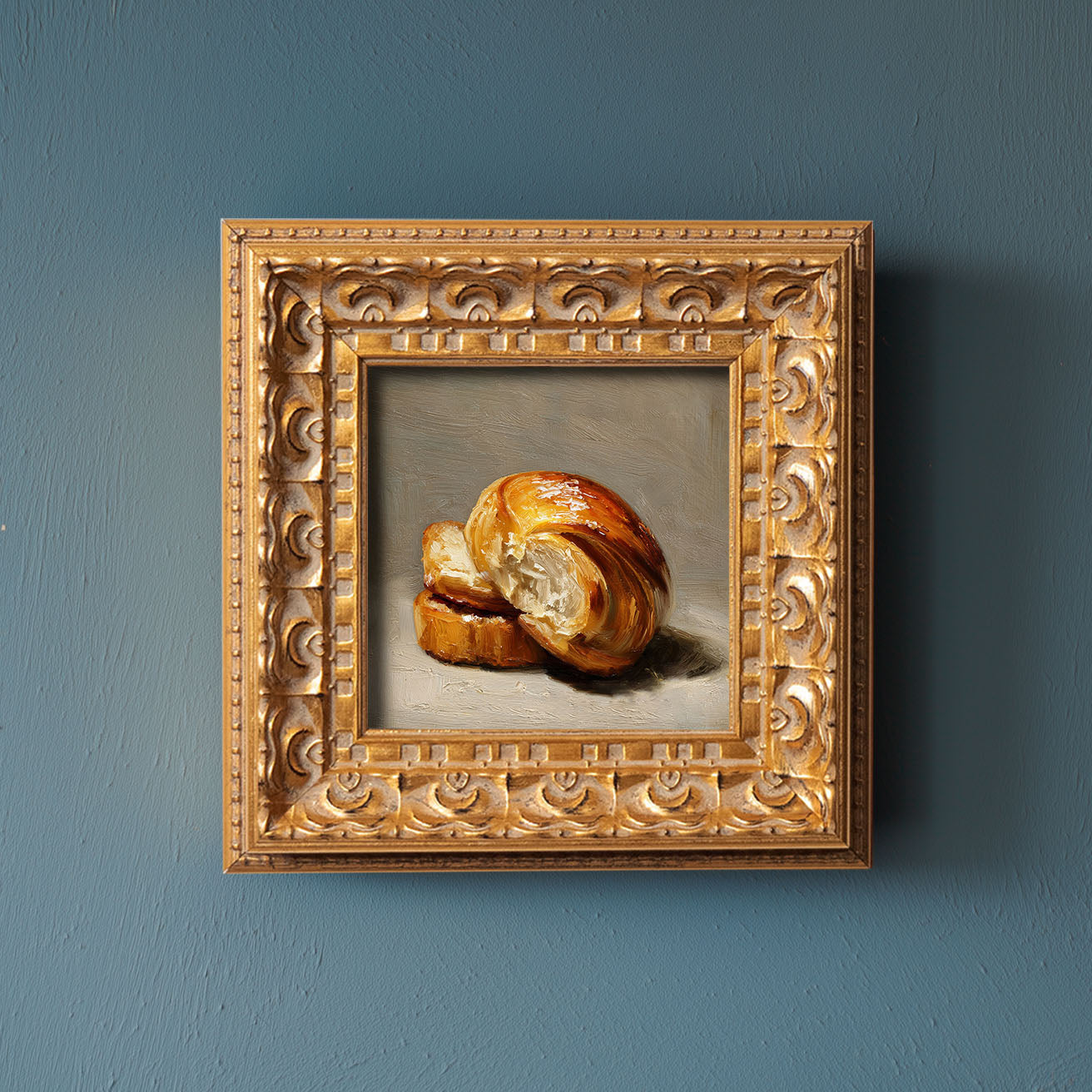 Original Croissant Oil Painting, Elegant Kitchen Wall Art, Hand Painted Ornate Gold Frame Home Decor, Stylish Dining Room Decoration, Gift For Friends
