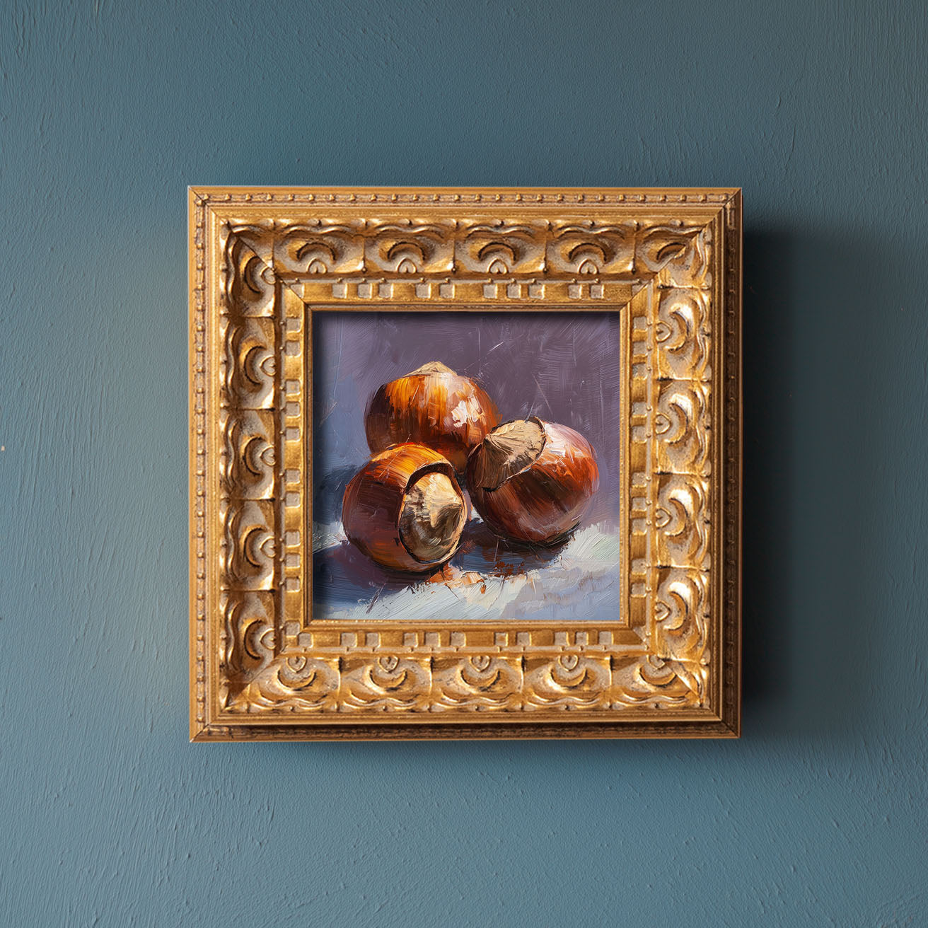 Roasted Chestnuts Still Life, Original Oil Painting, Food Art, Impasto Autumn Wall Decor, Small Framed Artwork