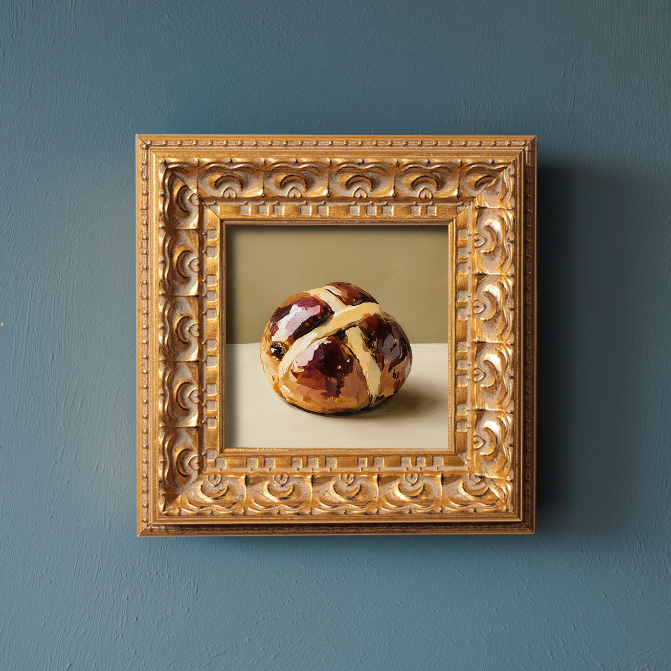 Original Hot Cross Bun Oil Painting, Rustic Kitchen Wall Art, Hand Painted Ornate Gold Frame Home Decor, Warm Dining Room Decoration, Gift For Friends