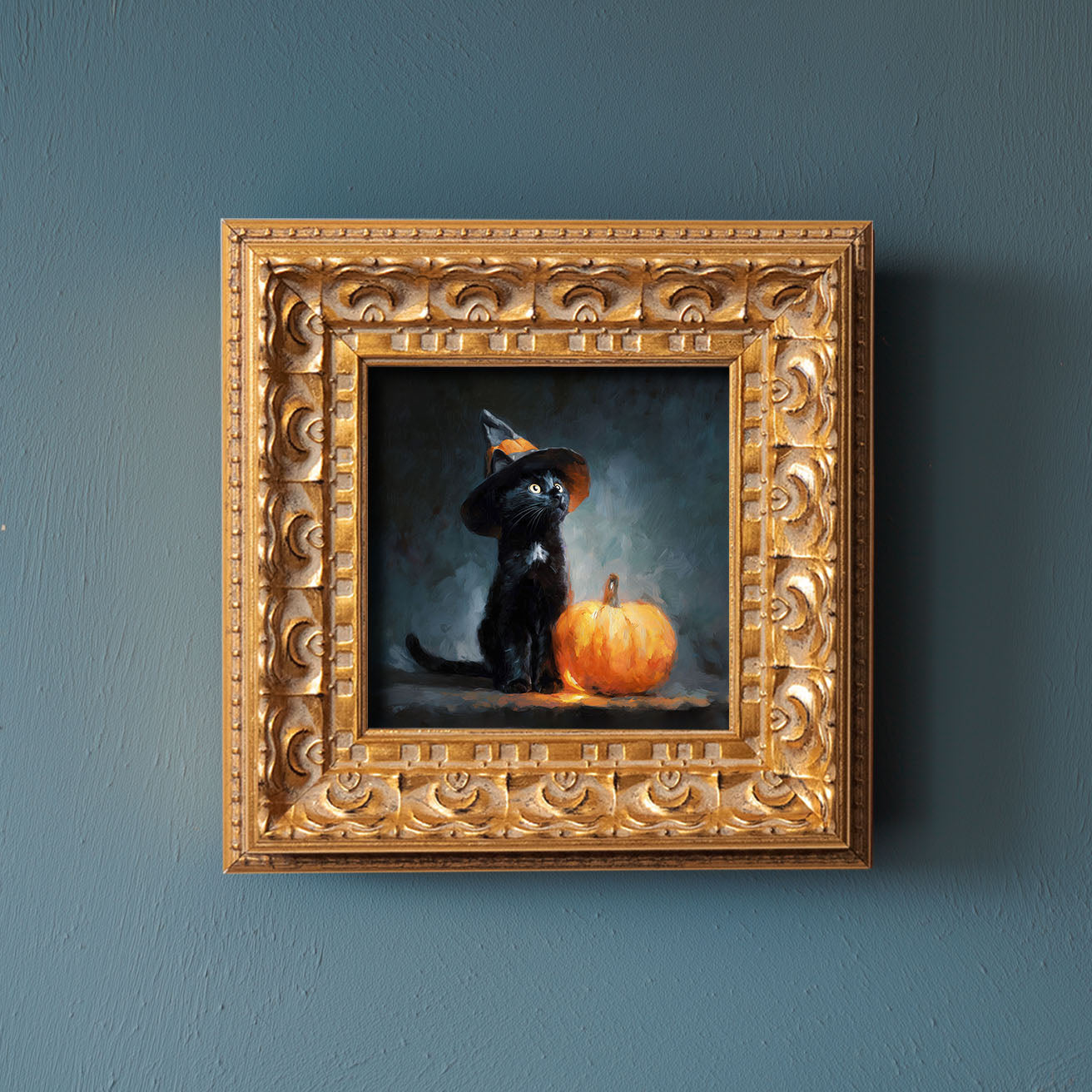 Original Halloween Black Cat Oil Painting, Spooky Seasonal Wall Art, Hand Painted Ornate Gold Frame Home Decor, Festive Living Room Decoration, Gift For Friends