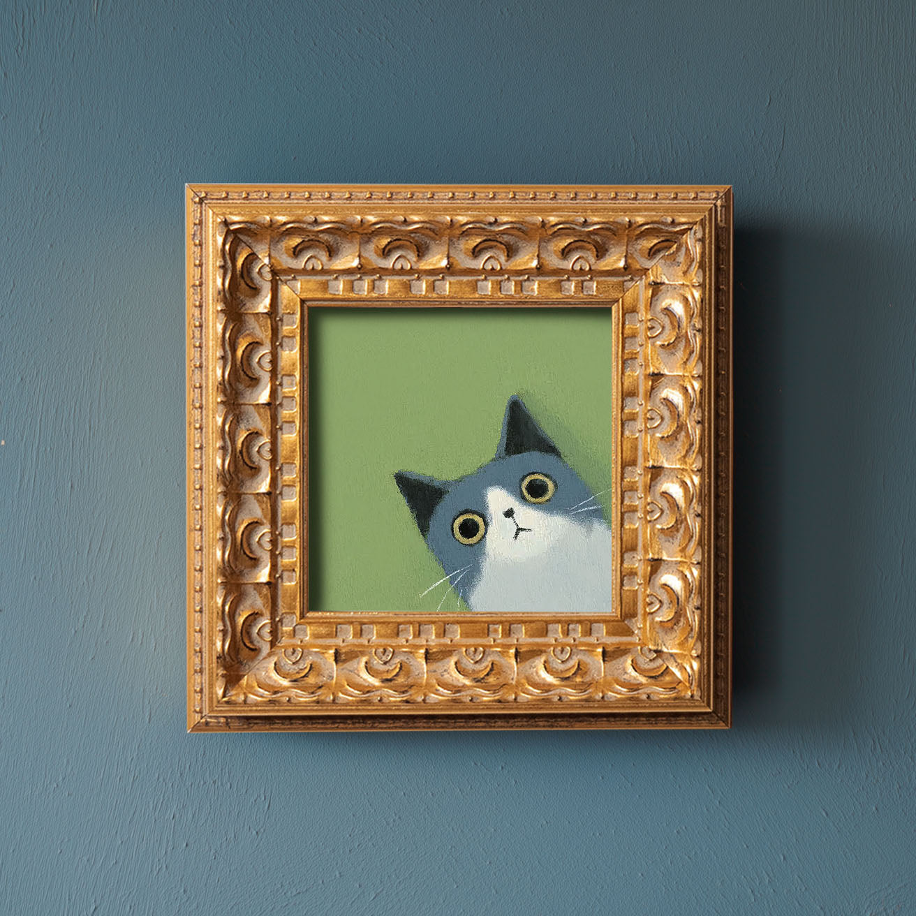 Blue and White Cat Painting, Cute Kitten Art, Flat Style Animal Portrait, Whimsical Cat Wall Decor, Small Framed Art