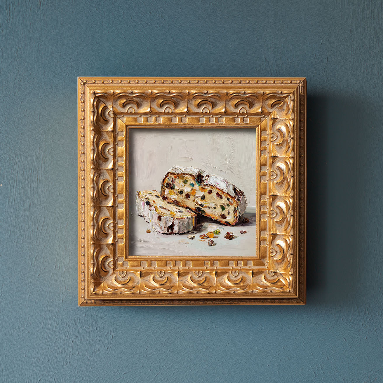 Original Fruit Bread Oil Painting, Rustic Kitchen Wall Art, Hand Painted Ornate Gold Frame Home Decor, Warm Dining Room Decoration, Gift For Friends