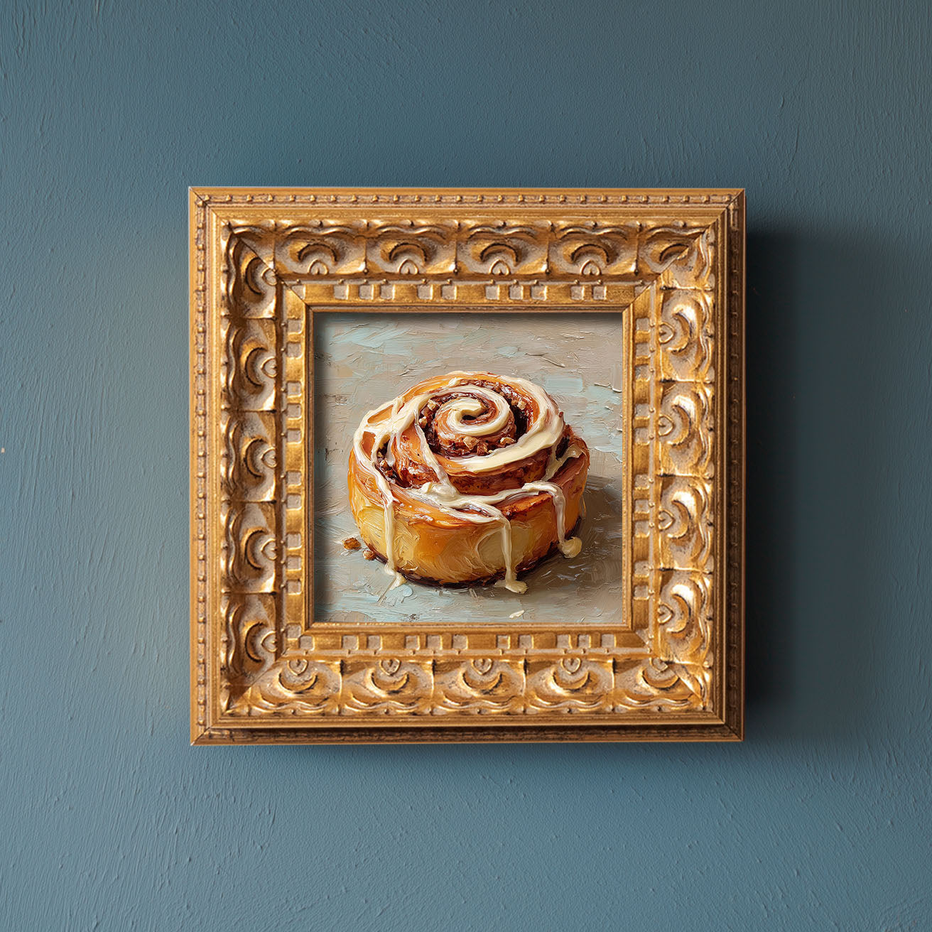 Original Cinnamon Roll Oil Painting, Warm Kitchen Wall Art, Hand Painted Ornate Gold Frame Home Decor, Charming Dining Room Decoration, Gift For Friends