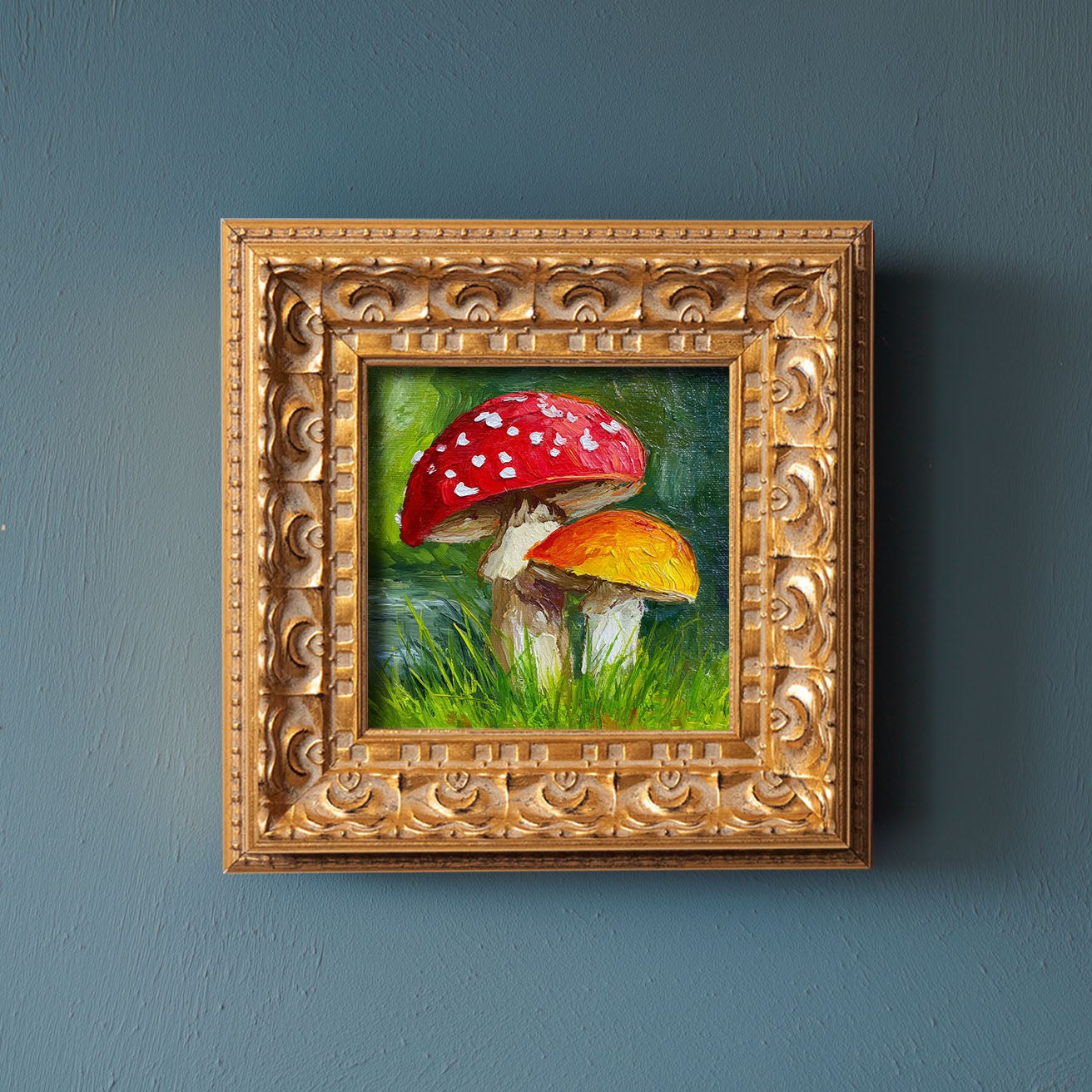 Original Red Mushroom Oil Painting, Whimsical Forest Wall Art, Hand Painted Ornate Gold Frame Home Decor, Quirky Living Room Decoration, Gift For Friends