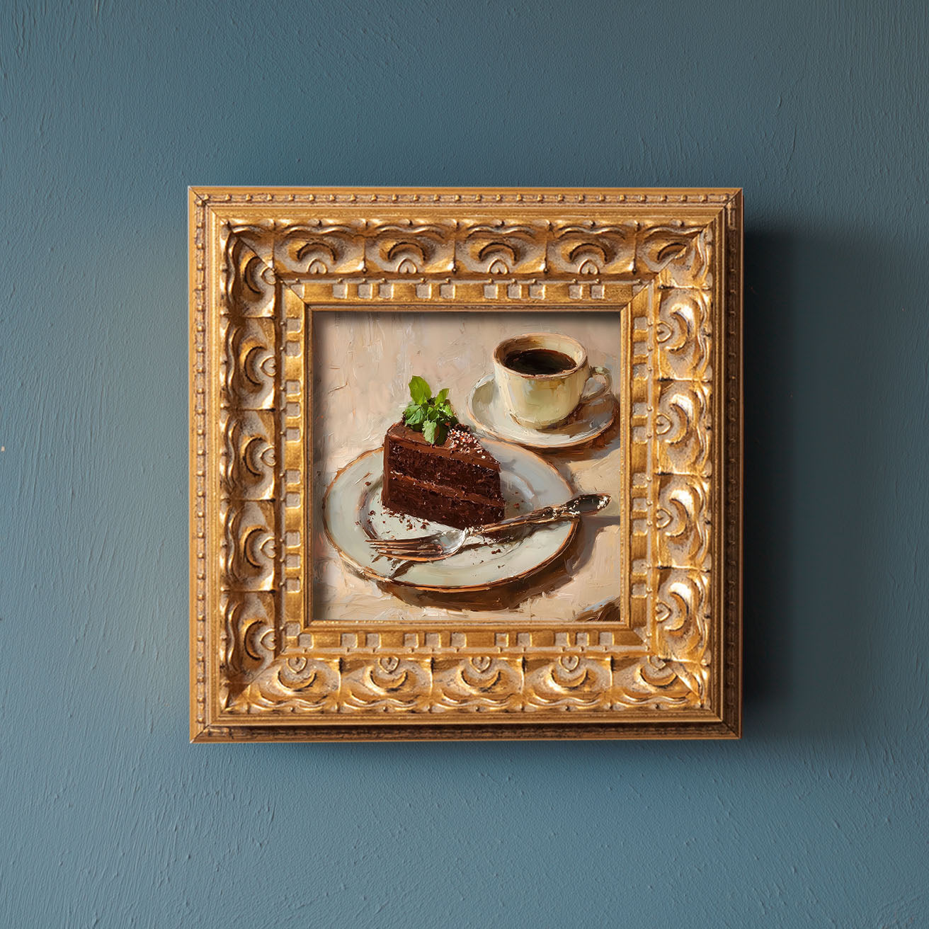 Original Chocolate Cake With Coffee Oil Painting, Rich Kitchen Wall Art, Hand Painted Ornate Gold Frame Home Decor, Stylish Dining Room Decoration, Gift For Friends