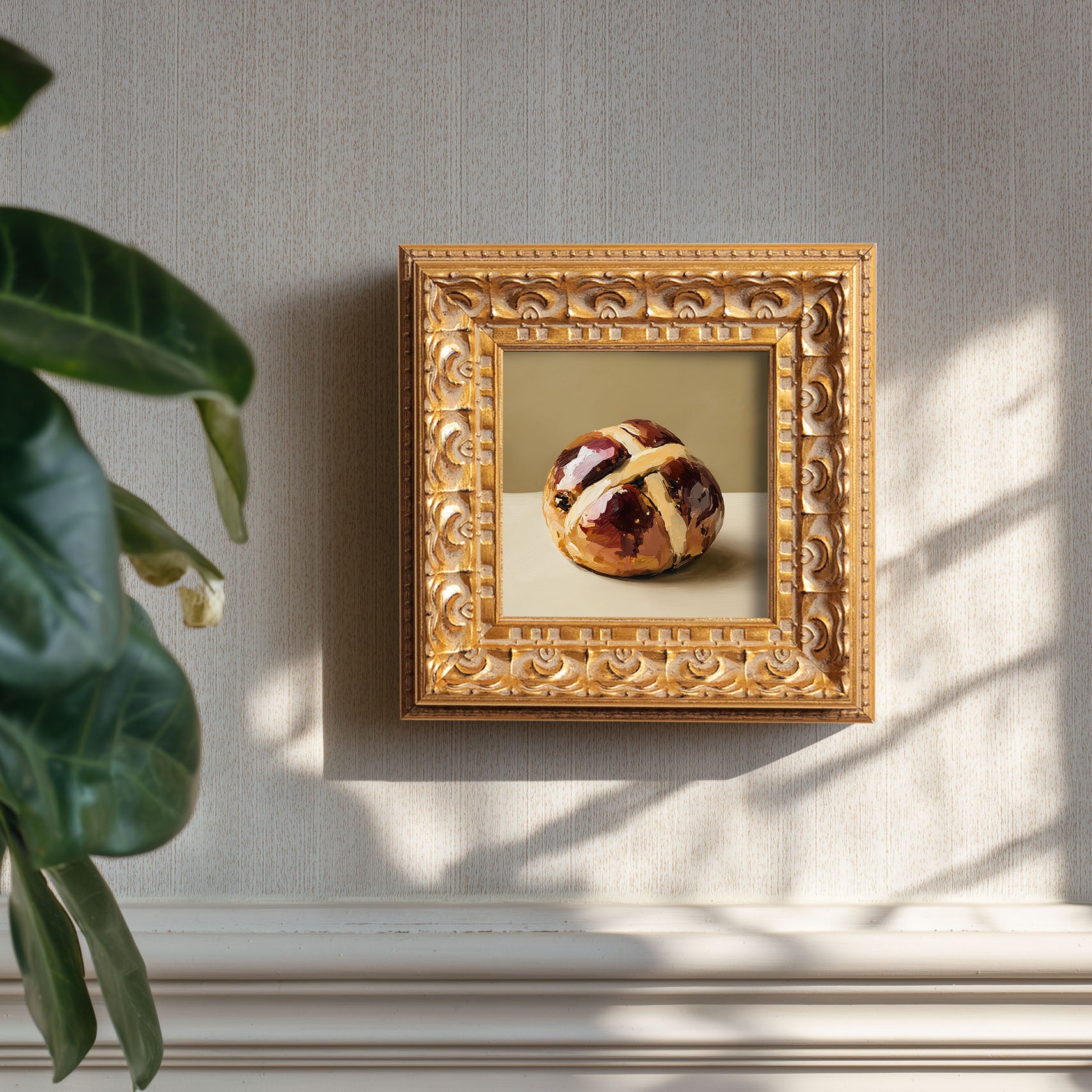 Original Hot Cross Bun Oil Painting, Rustic Kitchen Wall Art, Hand Painted Ornate Gold Frame Home Decor, Warm Dining Room Decoration, Gift For Friends