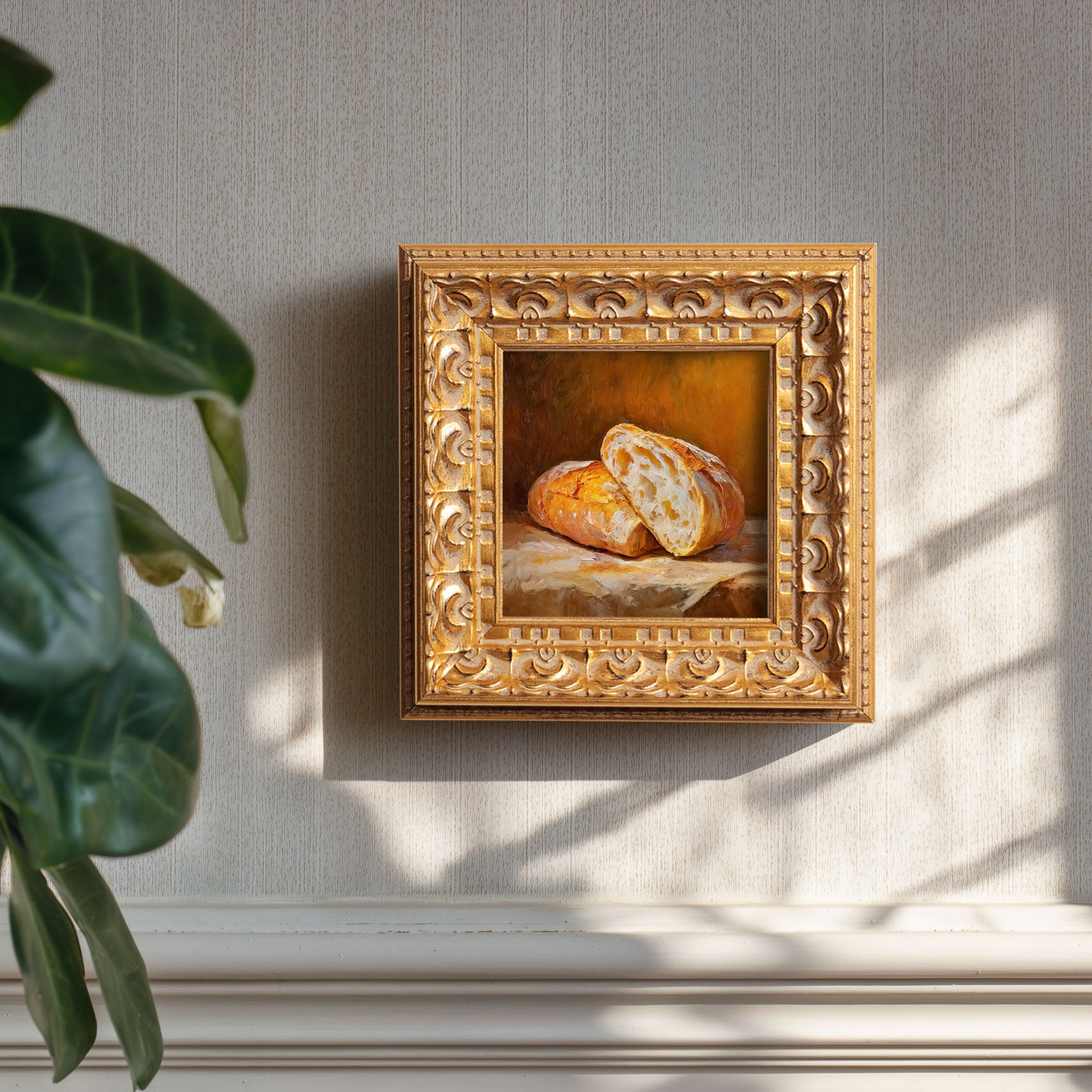 Original Baguette Oil Painting, Rustic Kitchen Wall Art, Hand Painted Ornate Gold Frame Home Decor, Warm Dining Room Decoration, Gift For Friends