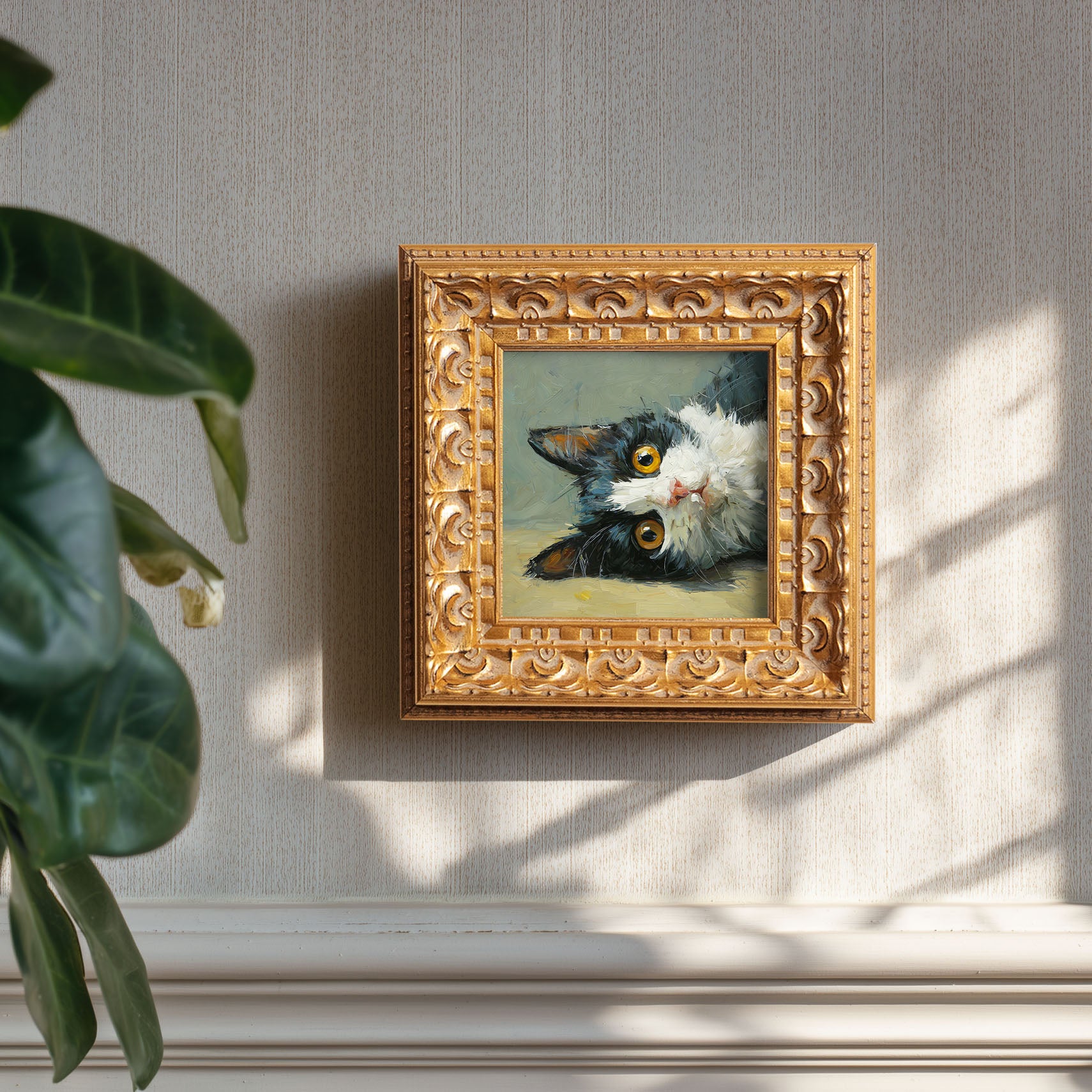 Black and White Cat Portrait, Original Oil Painting, Cute Kitten Art, Pet Portrait, Impasto Animal Wall Decor, Small Framed Art