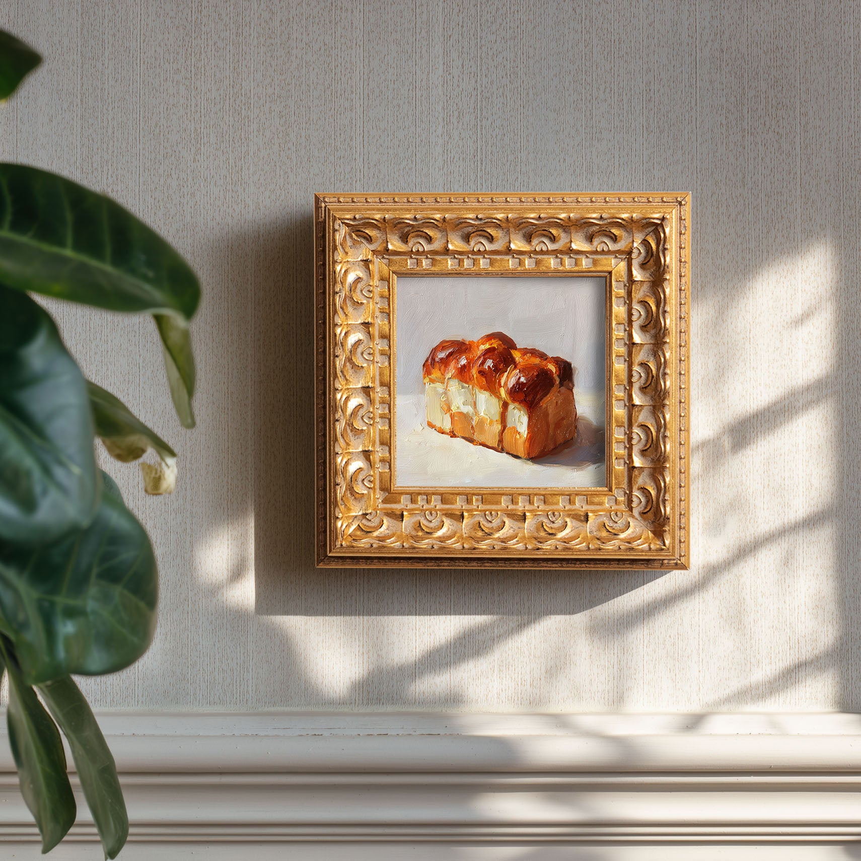 Original Brioche Bread Oil Painting, Rich Kitchen Wall Art, Hand Painted Ornate Gold Frame Home Decor, Warm Dining Room Decoration, Gift For Friends