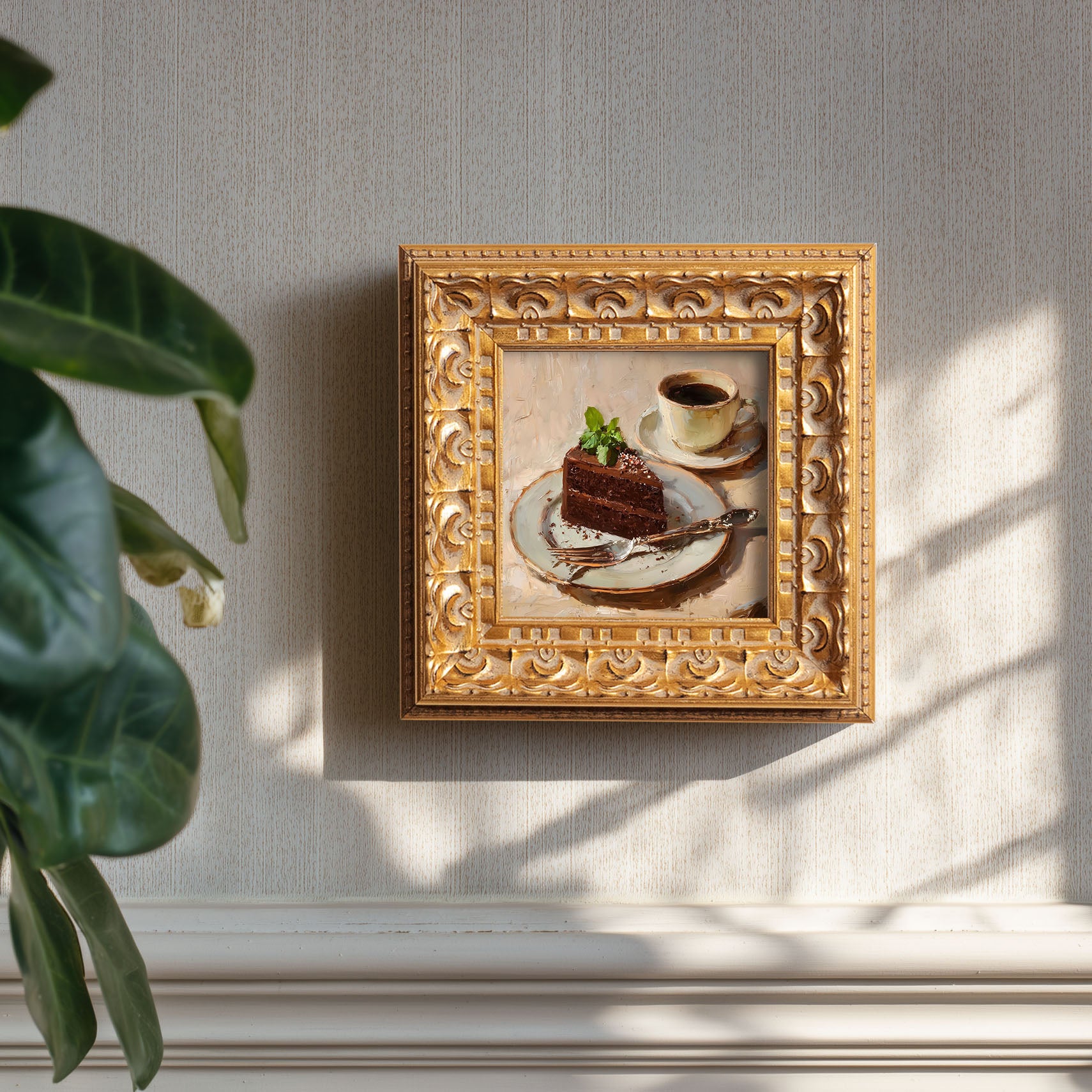 Original Chocolate Cake With Coffee Oil Painting, Rich Kitchen Wall Art, Hand Painted Ornate Gold Frame Home Decor, Stylish Dining Room Decoration, Gift For Friends