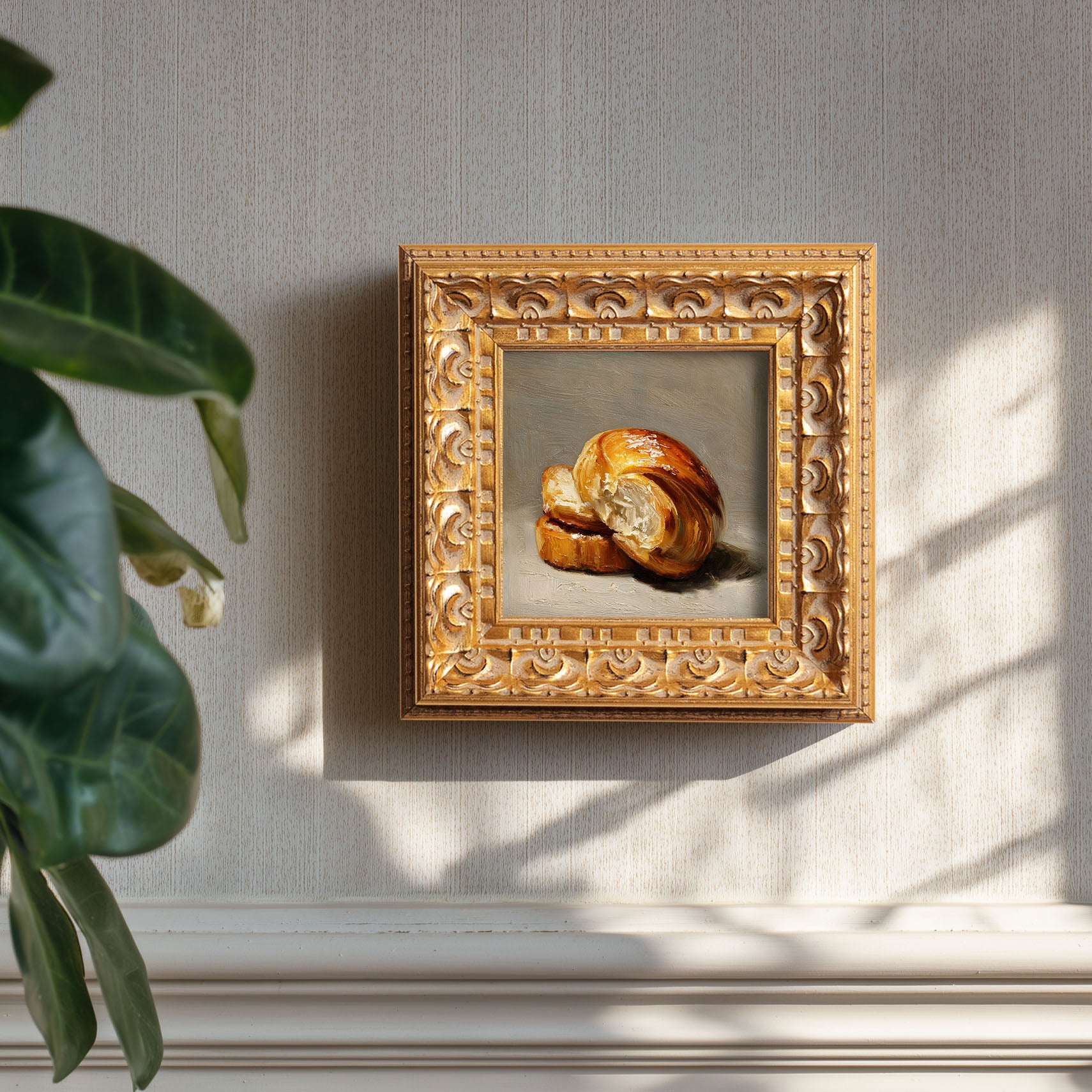 Original Croissant Oil Painting, Elegant Kitchen Wall Art, Hand Painted Ornate Gold Frame Home Decor, Stylish Dining Room Decoration, Gift For Friends