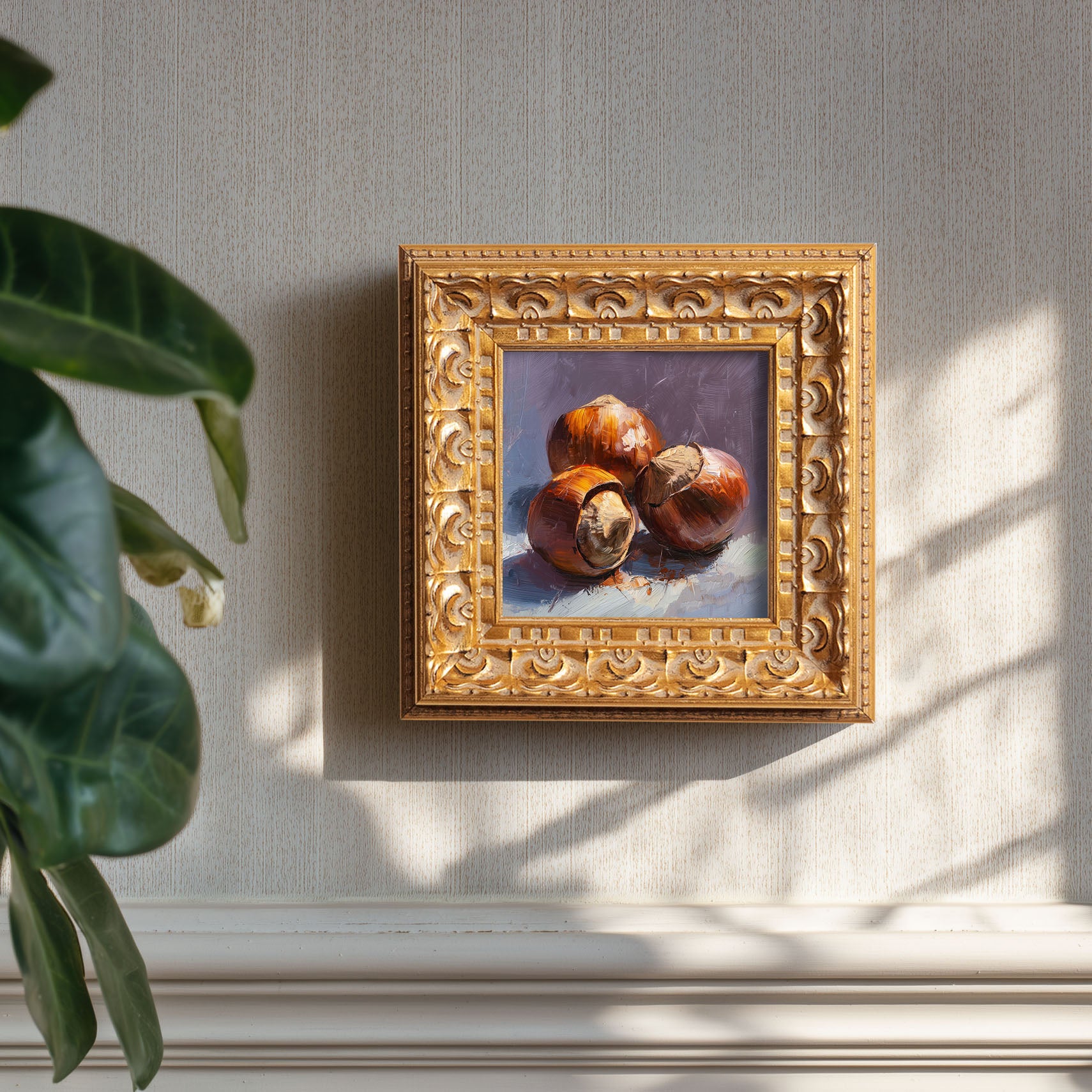 Roasted Chestnuts Still Life, Original Oil Painting, Food Art, Impasto Autumn Wall Decor, Small Framed Artwork
